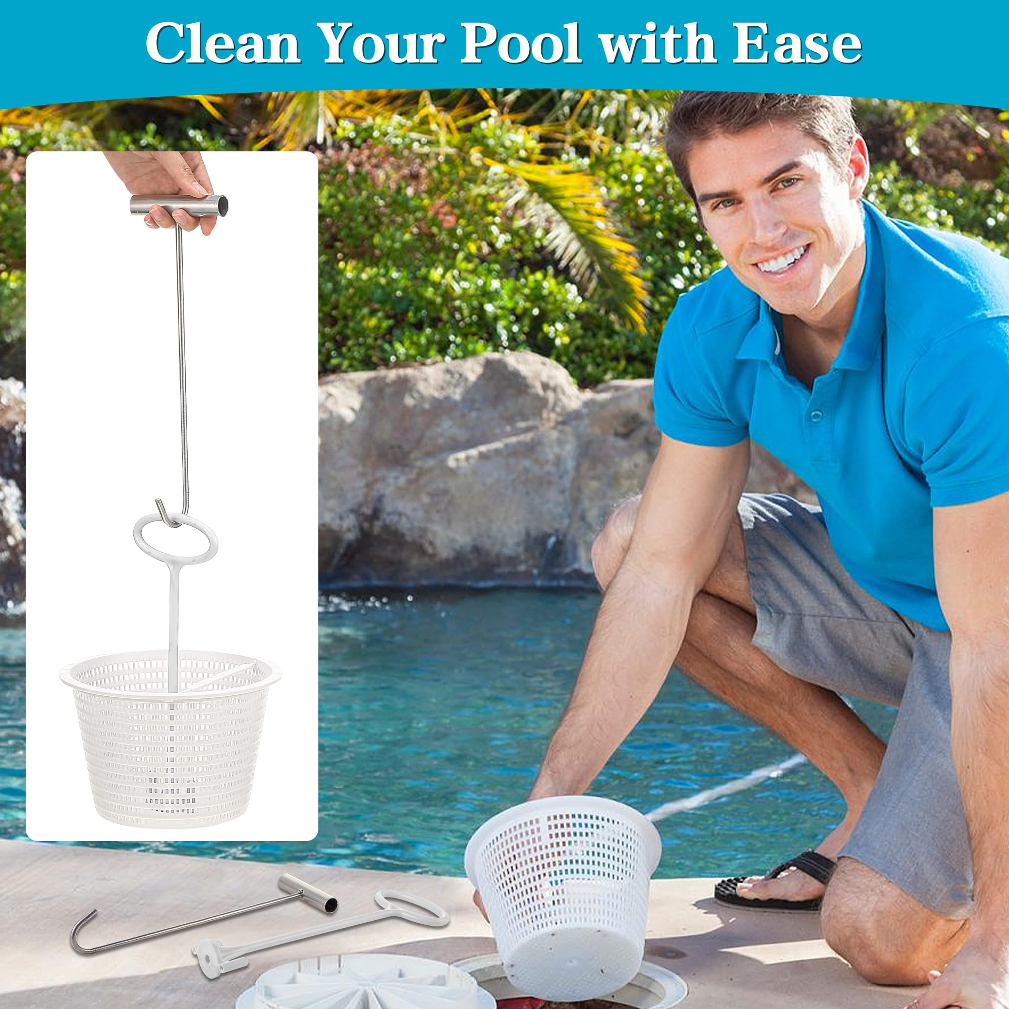 Saillong Mango de cesta de skimmer, gancho de cesta de skimmer de piscina, cesta universal para skimmer con asa, se adapta a todas las cestas de skimmer, mantiene las manos limpias y seguras