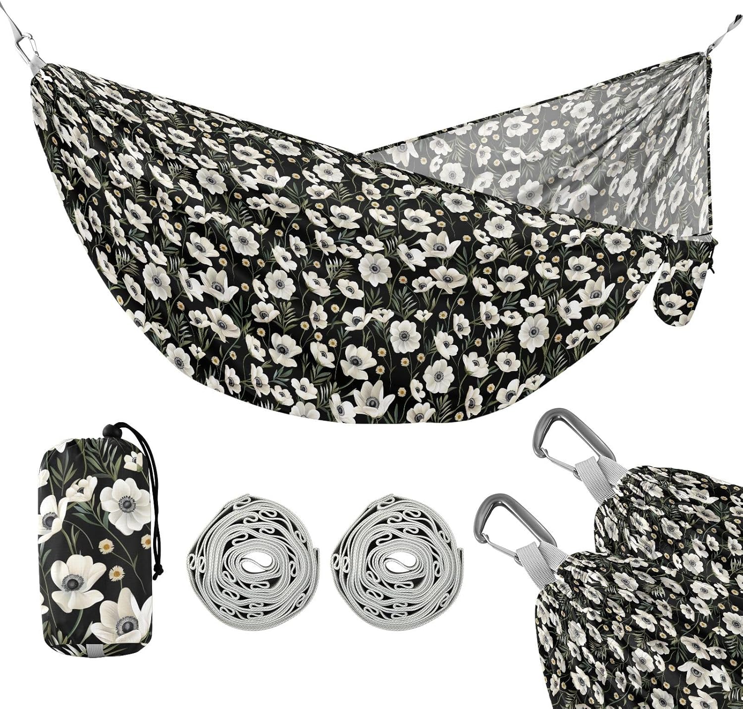 ALAZA White Anemone Flower Camping Hammocks Single or 2 Person 500 lbs Portable Parachute Travel Hammock w/Tree Straps for Hiking Backpacking Indoor Outdoor