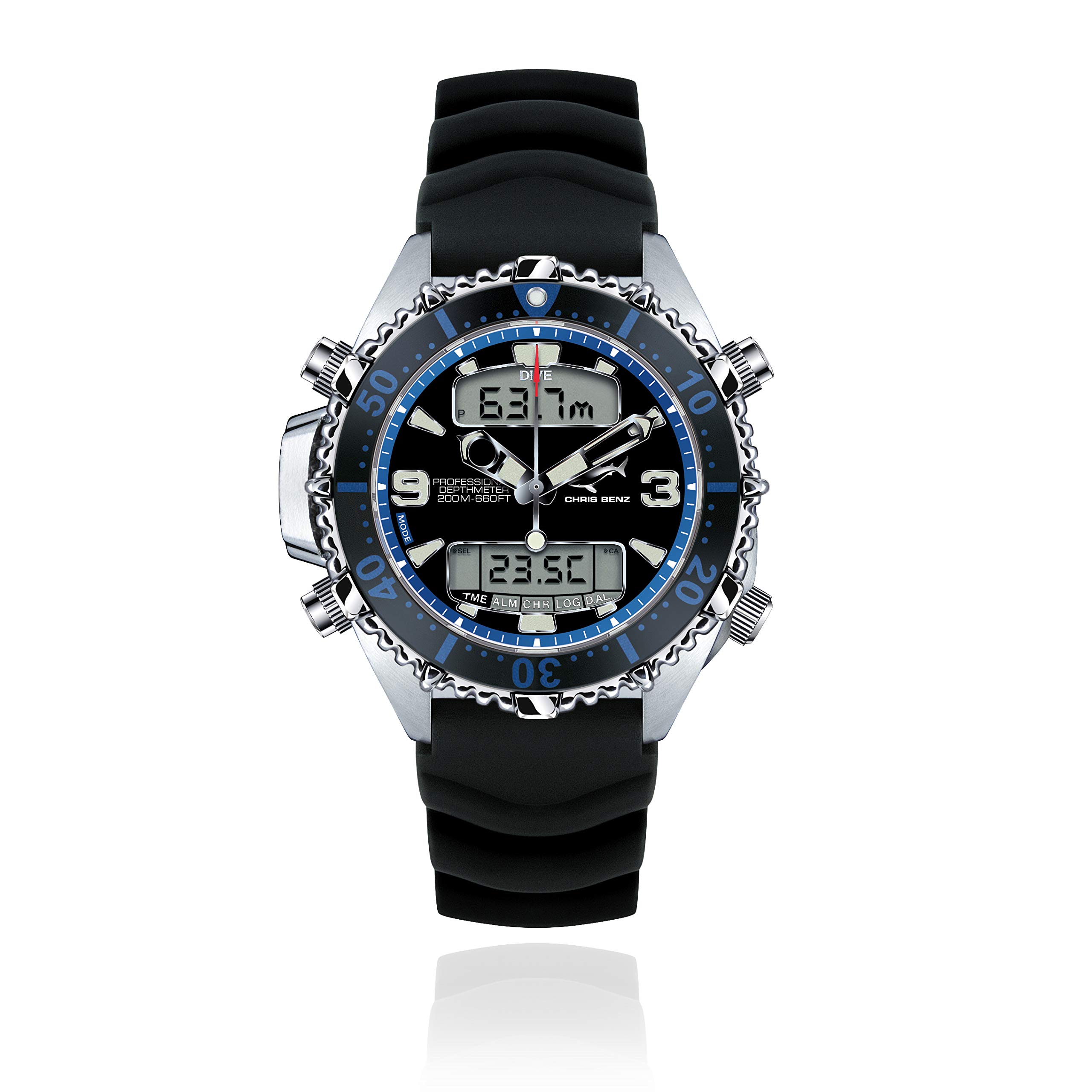 CHRIS BENZ Depthmeter Digital 200M Taucheruhr mit Kautschukband, Mitternachtsblau
