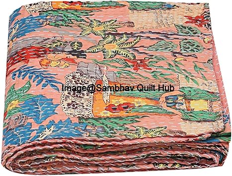 Floral Printed Cotton Quilted Blanket Indian Handmade Bedspread Kantha Work Bohemian Bed Decor Throw Blanket Twin/King/Queen Twin 60"x90" with Pillow Cover