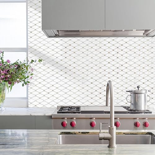 Miniatura 8 de STICKGOO 1 hoja de protector contra salpicaduras para despegar y pegar, aspecto de mármol blanco, PVC, mezcla de metal dorado, protector contra