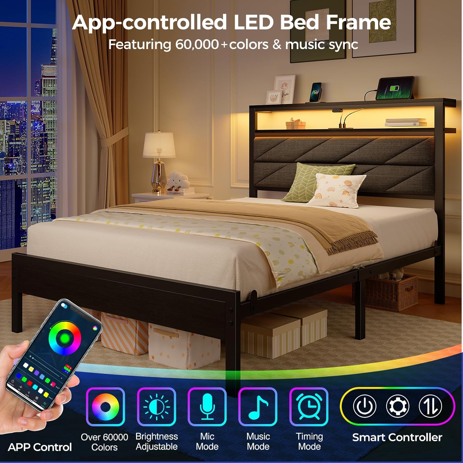 Seventable Twin Bed Frame with Charging Station & LED Lights, Upholstered Headboard with 2-Tier Storage Shelves, Metal Platform with Under Bed Storage, No Box Spring Needed, Easy Assembly, Dark Grey