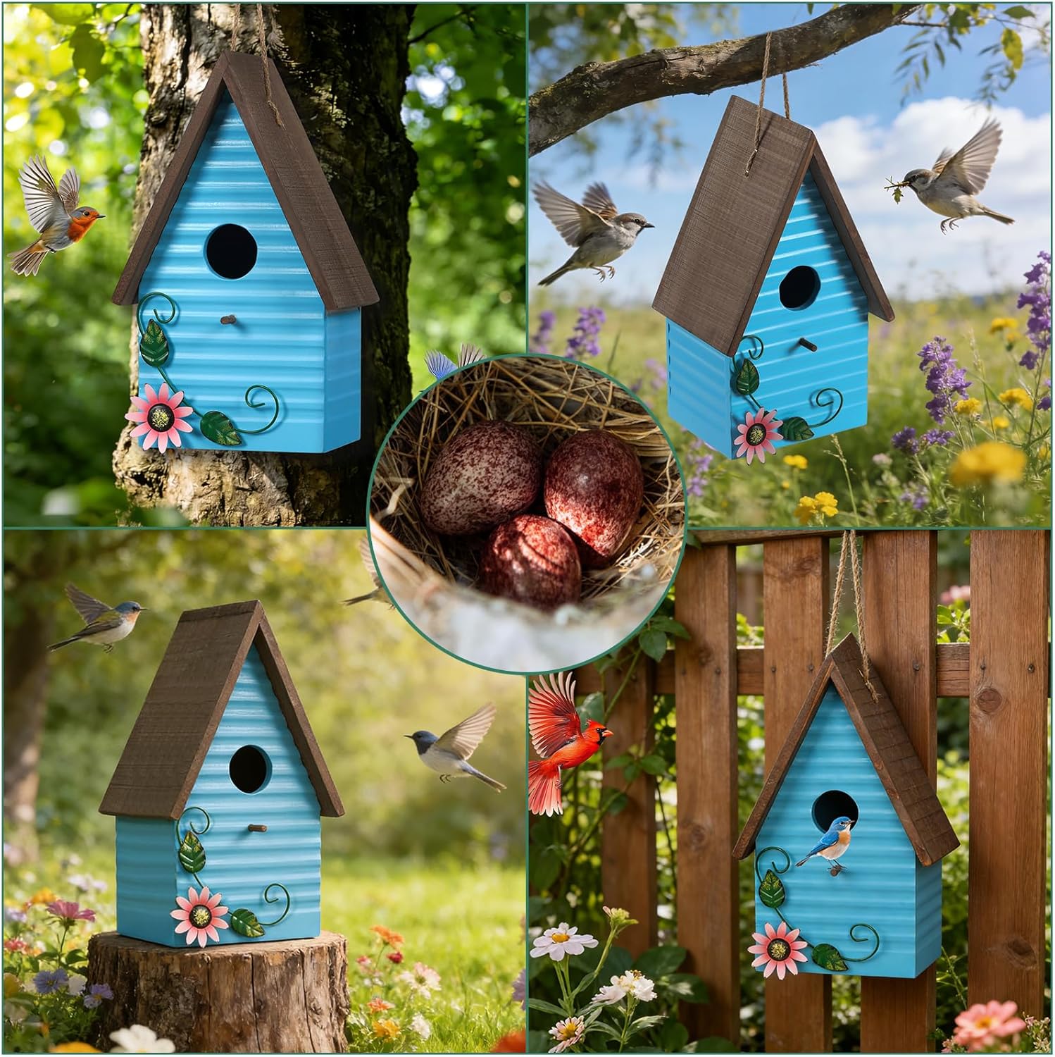 handrong Bluebird Houses for Outside,Blue Bird Houses for Outdoors,Hanging Birdhouses for Outdoors,Wooden Hummingbird House for Outside,Country Style Bird Nest Box,Yard Decorative Gift for Bird Lovers