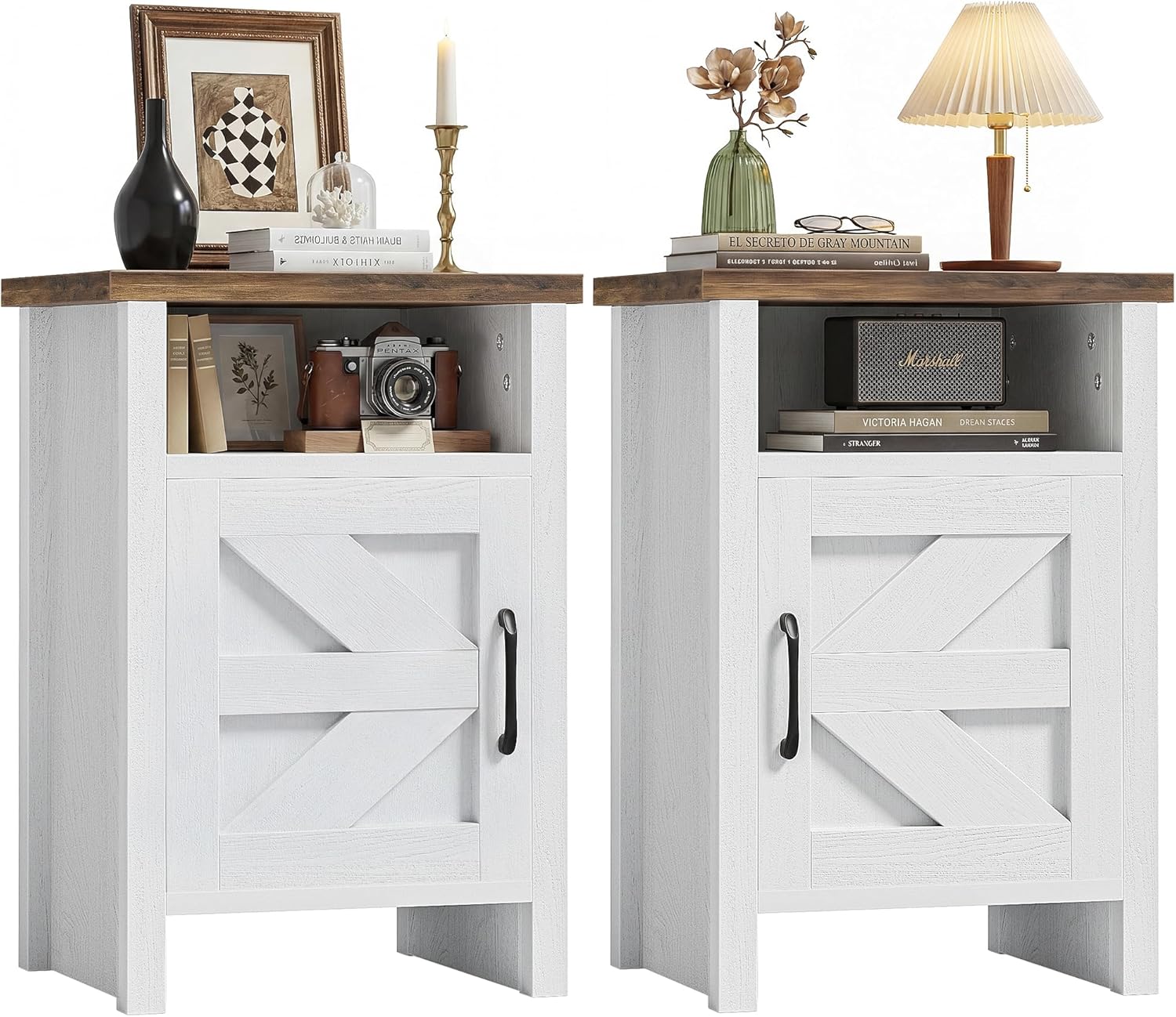 JUMMICO Farmhouse Nightstand, Modern Bedside Table with Barn Door and Shelf, Rustic End Table Side Table for Bedroom, Living Room(2, Rustic & White)