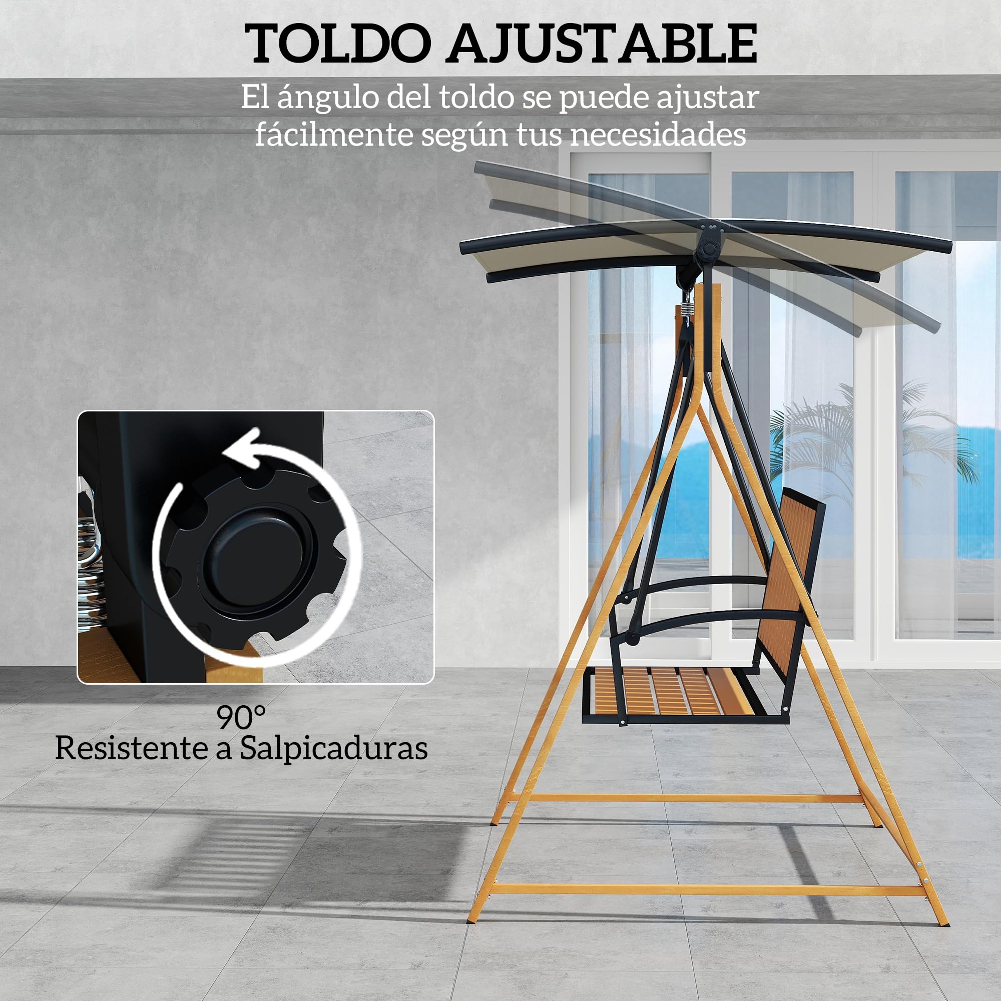 Outsunny Columpio de Jardín Exterior de 2 Plazas Grano de Madera Balancín de Jardín Exterior con Toldo Ajustable y Estructura de Metal Carga 240 kg 142x112x162 cm Natural y Beige