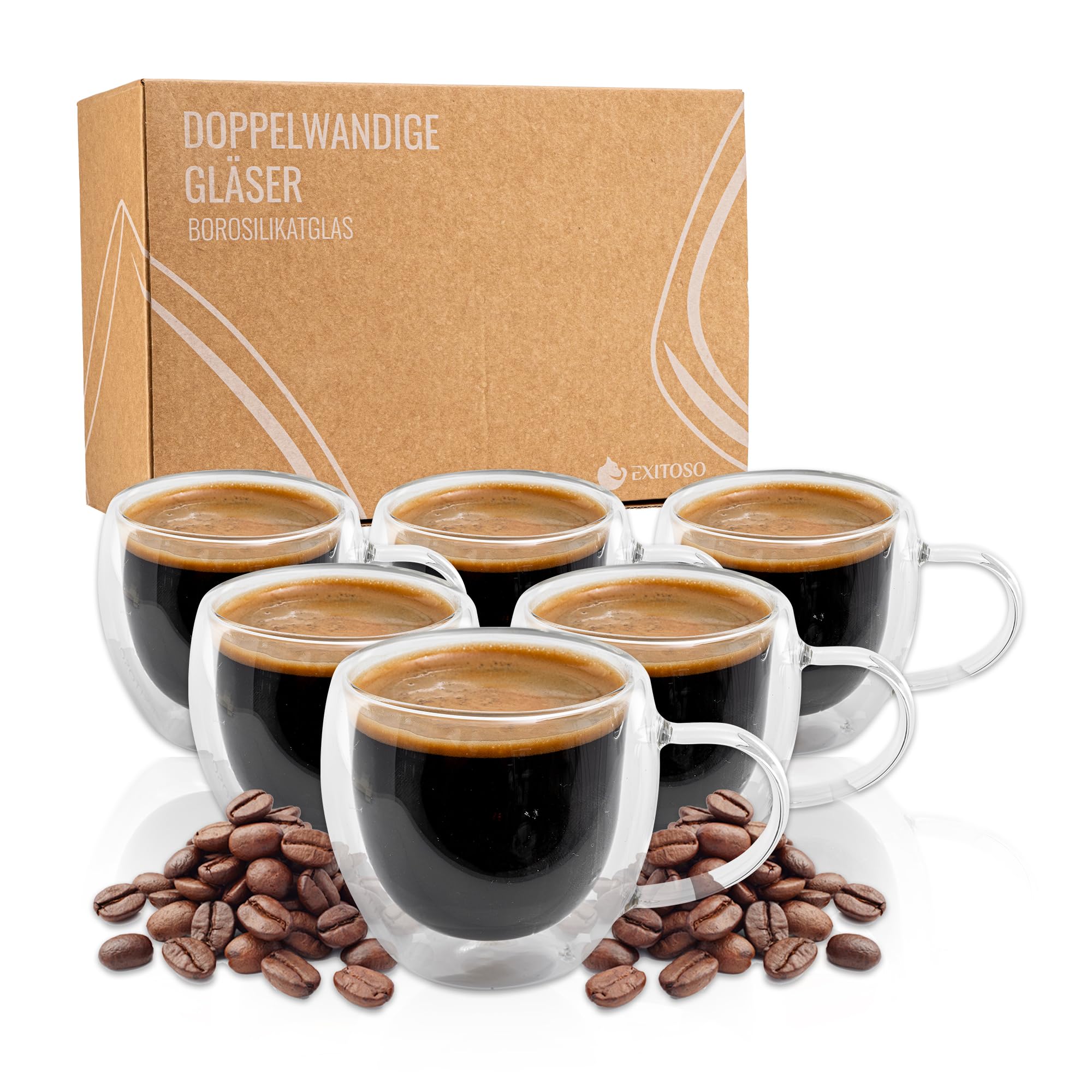 Exitoso Doppelwandige Espressogläser | 80ml 6er gläser set | doppelwandige kaffeegläser | Borosilikatglas Kaffeetassen Glas | kaffeegläser cappuccino gläser mit Henkel
