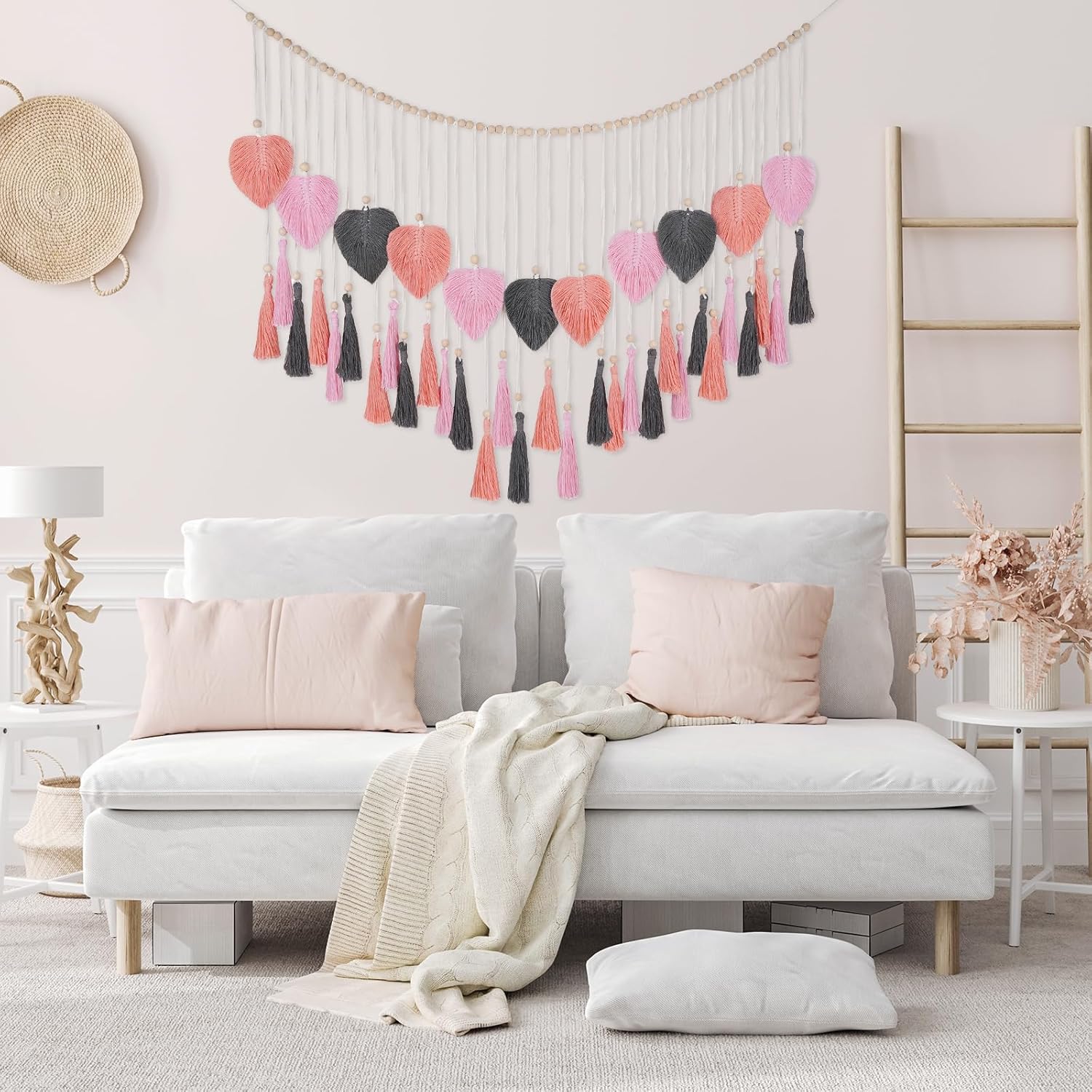 Large Macrame Wall Hanging Tapestry with Wood Bead and Leaf Wall Decor for Bedroom Living Room Nursery Apartment, Room Boho Style Decor, 43.3" W x 25.9" L Pink