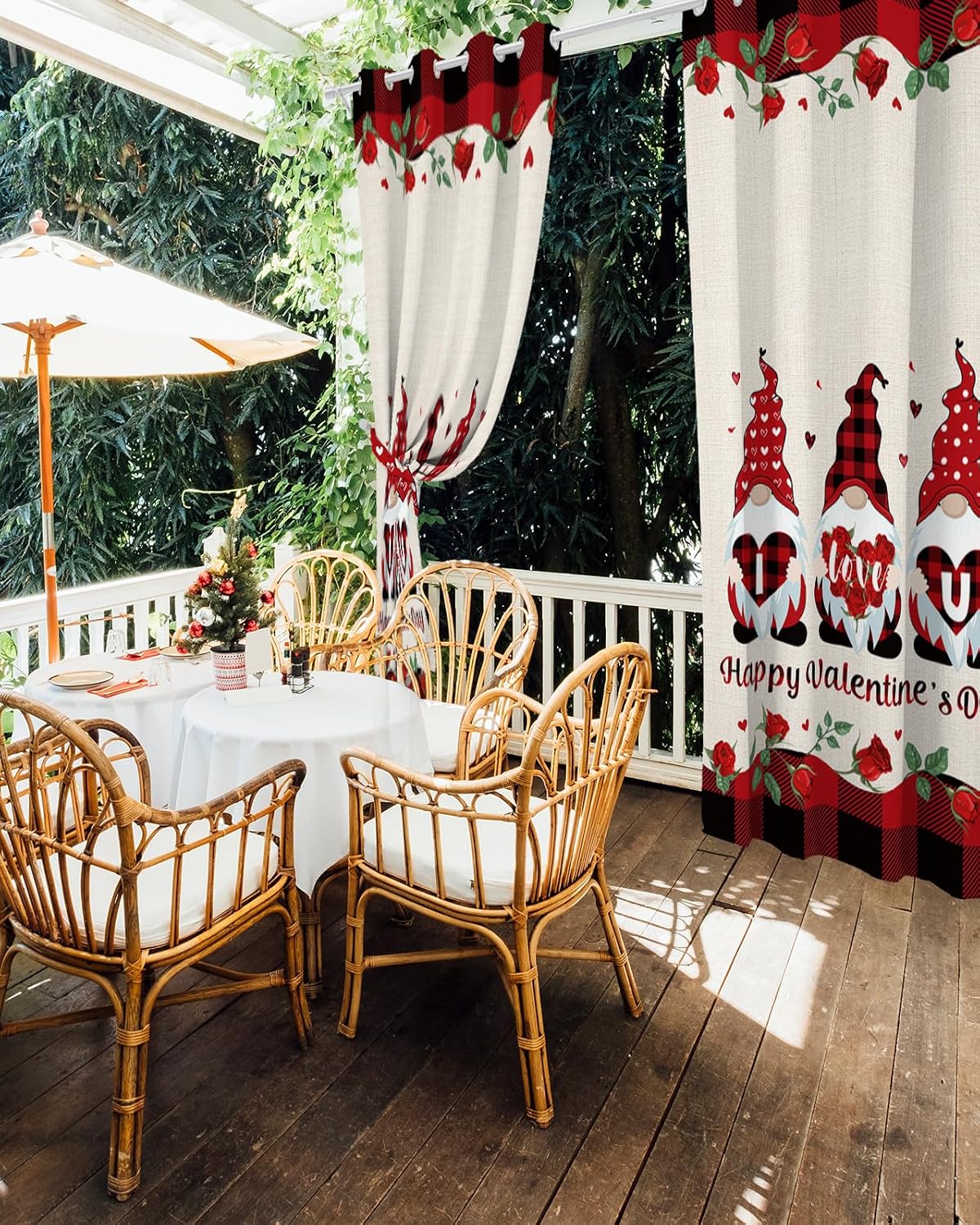 2 Panels Waterproof Outdoor Curtains 84 inches Long for Patio Happy Valentine's Day Gnomes Linen Texture Indoor Outdoor Privacy Curtain Light Filter Grommet Drapes for Porch Cabana Pergola