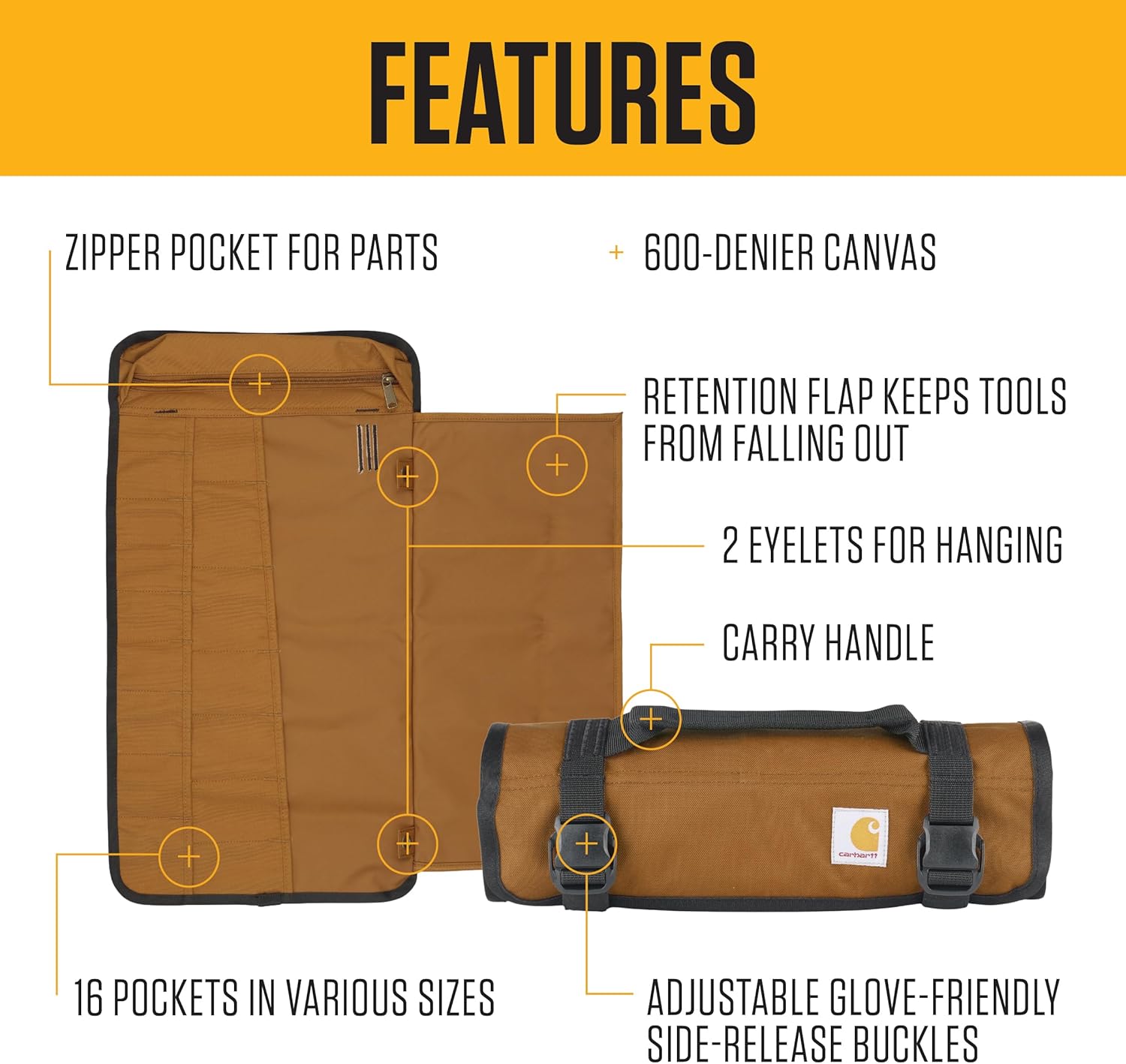 Carhartt Utility Roll Organizer, Durable, Water-Resistant Tool Roll, Black, 16 Pocket - Image 2