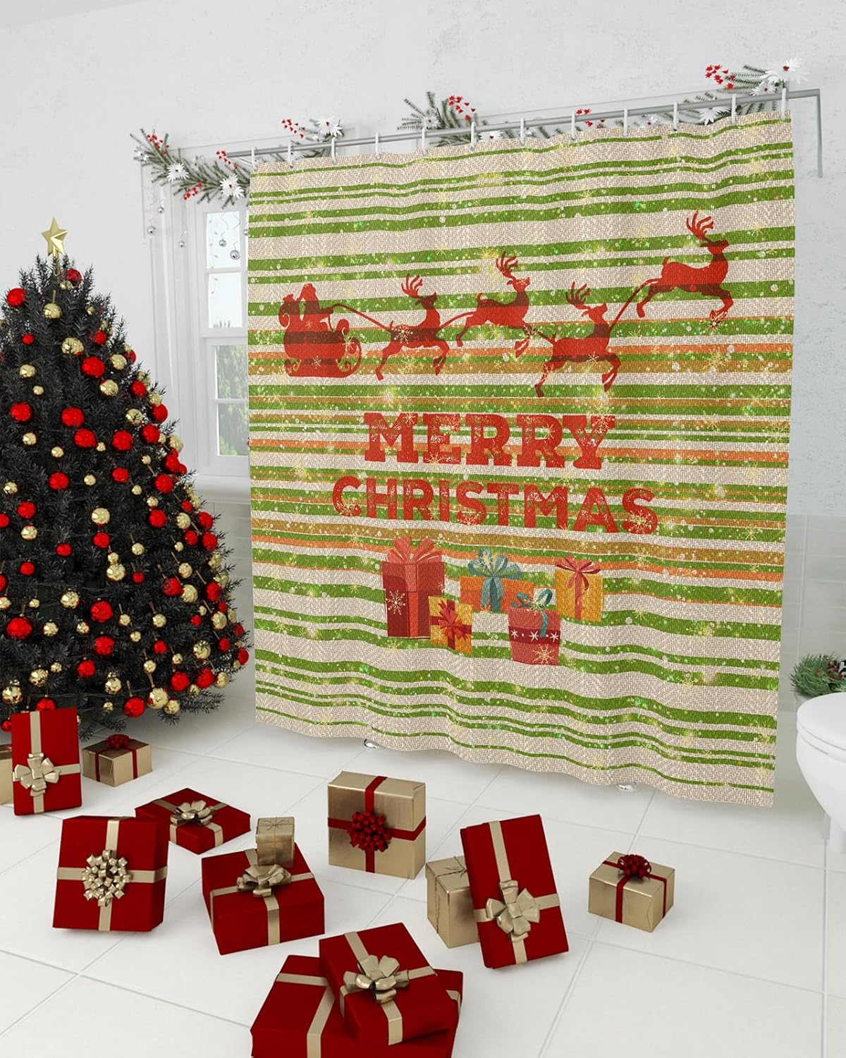 Christmas Fabric Shower Curtain 36x72 Inch, Christmas Green Stripe Santa Claus Gift Shower Curtain for Bathroom with Hooks,Waterproof Bath Shower Curtain Sets Decorative Bathroom Accessories
