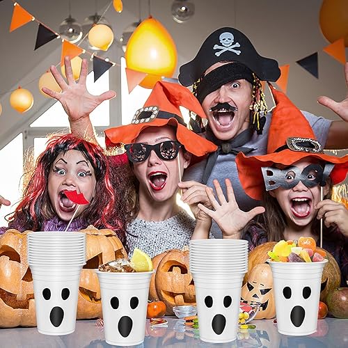 Miniatura 5 de AnyDesign - 50 vasos de plástico de Halloween de 12 onzas con diseño de fantasma blanco y negro, tazas desechables espeluznantes para fiestas de