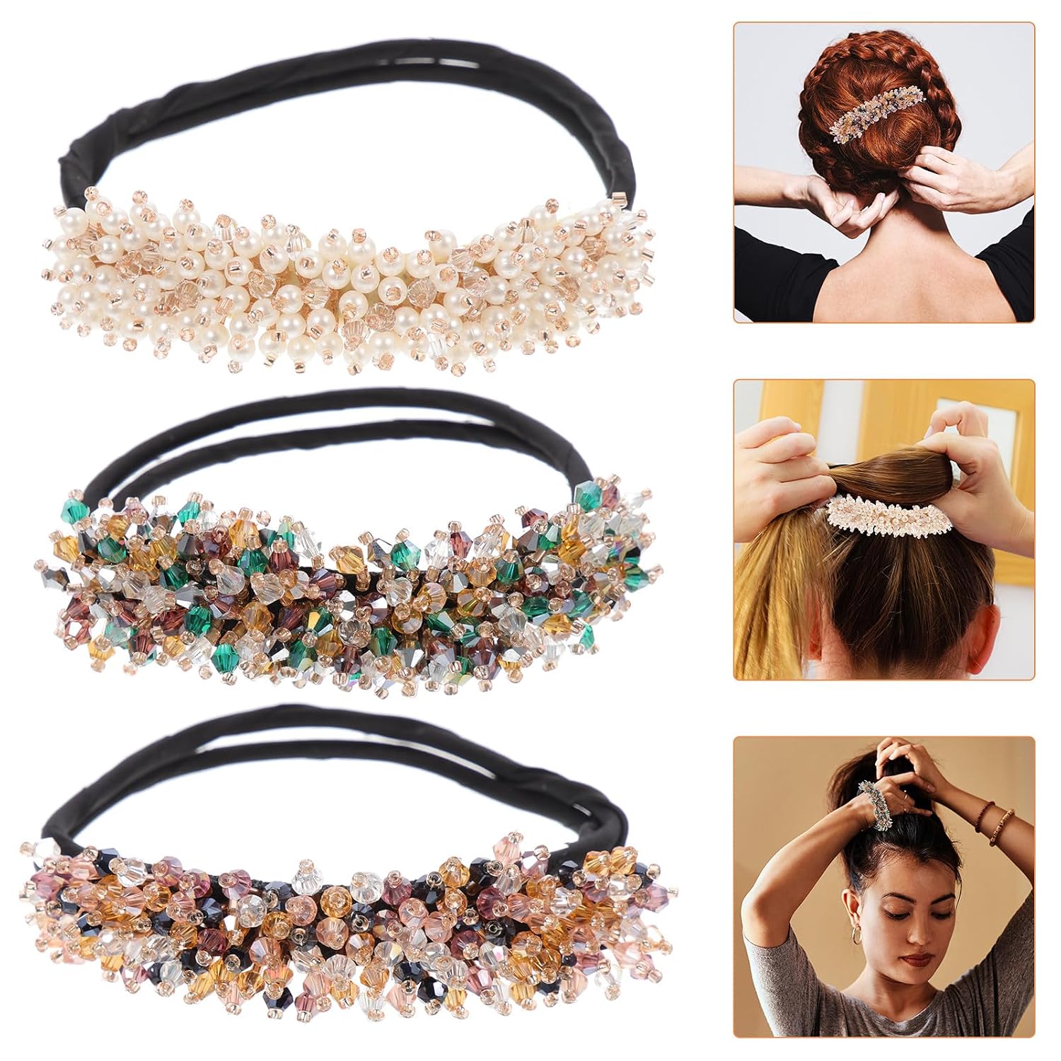 3Pcs Rhinestone Hair Bun Maker Set Small Elastic Bands for Women Glitter Bun Shaper Hair Accessories Random Color Random Color