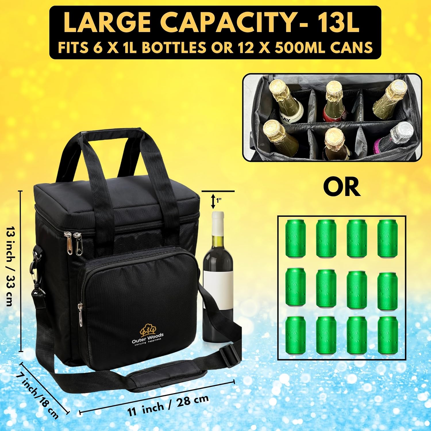 Insulated 6 Bottle Cooler Bag With Ice Gel Packs | Wine and Beer Carrier | Fits 6 Full Size Bottles