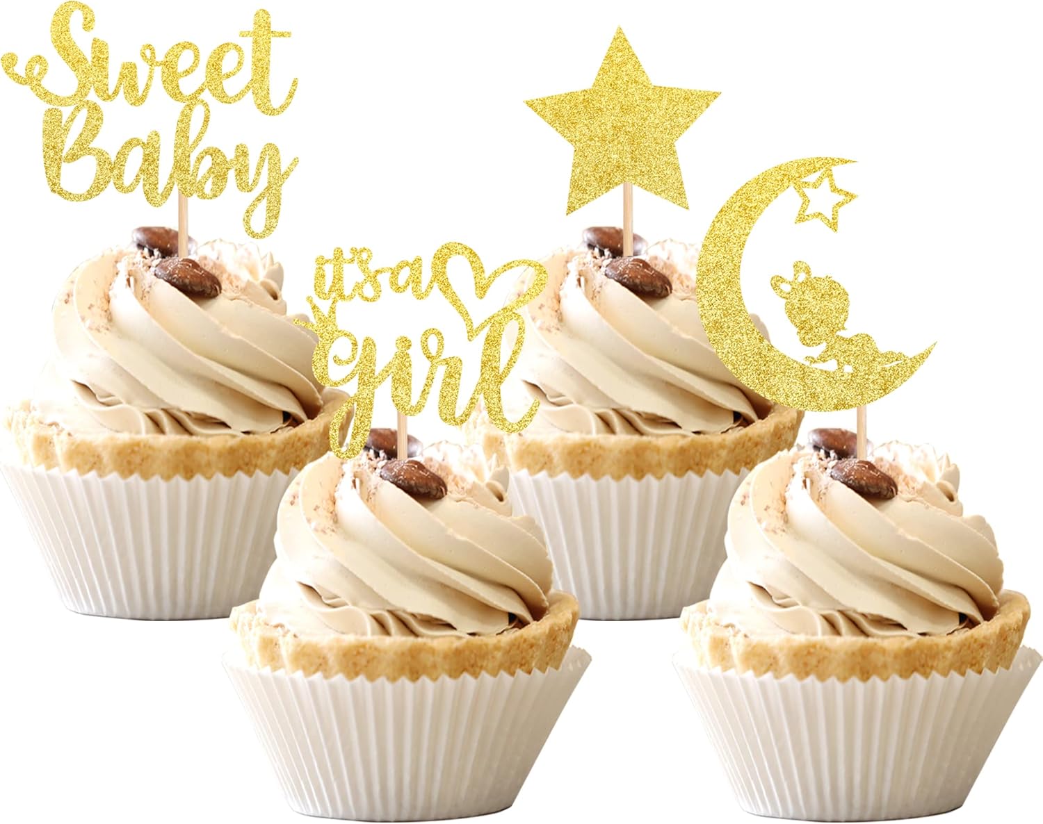 36 PCS It's a Girl Cupcake Toppers with Moon Glitter Star Sweet Baby Gender Reveal Cupcake Picks Baby Shower Kids Girls Birthday Party Cake Decorations Supplies Gold - Image 8