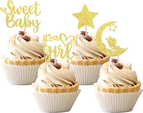 Miniatura 8 de 36 piezas de decoración para cupcakes para baby shower con luna con purpurina y estrella It's a Girl Sweet Baby Reveal para cupcakes Baby Shower