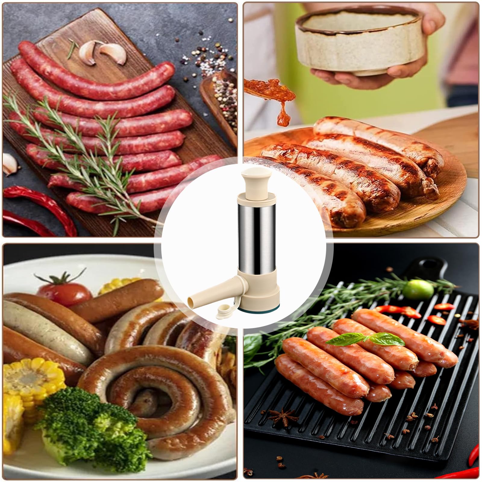 Embutidora De Chorizos 2 En 1, Embutidora De Salchichas De Acero Inoxidable, Máquina Manual Para Salchichas, Con 4 Tubo De Relleno De Salchichas, Rellenador De Cocina Para Salchichas Caseras