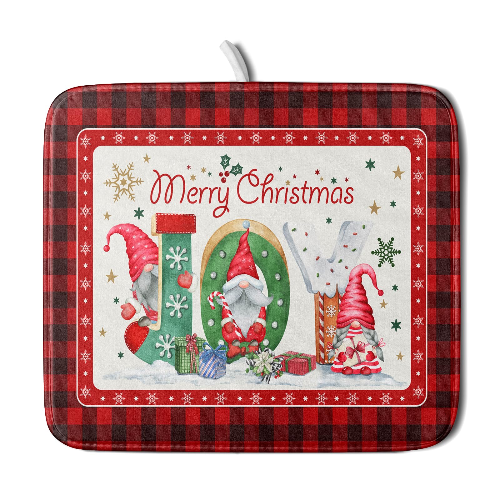 Christmas Dish Drying Mat Farmhouse Christmas Decor Red Black Buffalo Plaid Winter Holiday Decoration Kitchen Drying Mats Microfiber Absorbent Fast Dry Dish Rack Pad 16 x 18 inch Xmas Gnomes Joy