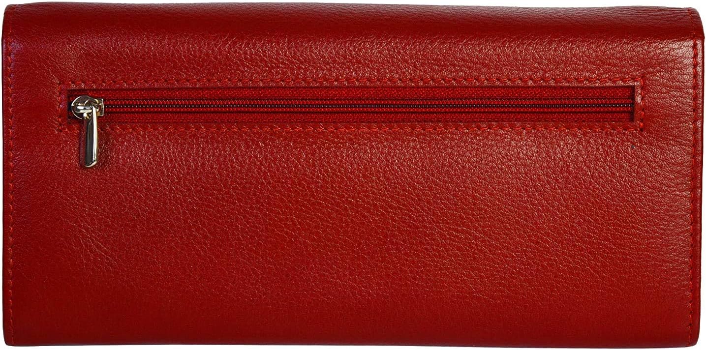Hawai Genuine Leather Stylish Wallet for Women | 4 Compartment | 5 Zippered Pocket | 2 Photo ID Window | 3 Card Slots |, Red, M, Modern