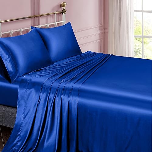 Miniatura 2 de Vonty Juego de sábanas de satén suaves y sedosas de tamaño matrimonial, 1 sábana bajera de bolsillo profundo + 1 sábana encimera + 2 fundas de
