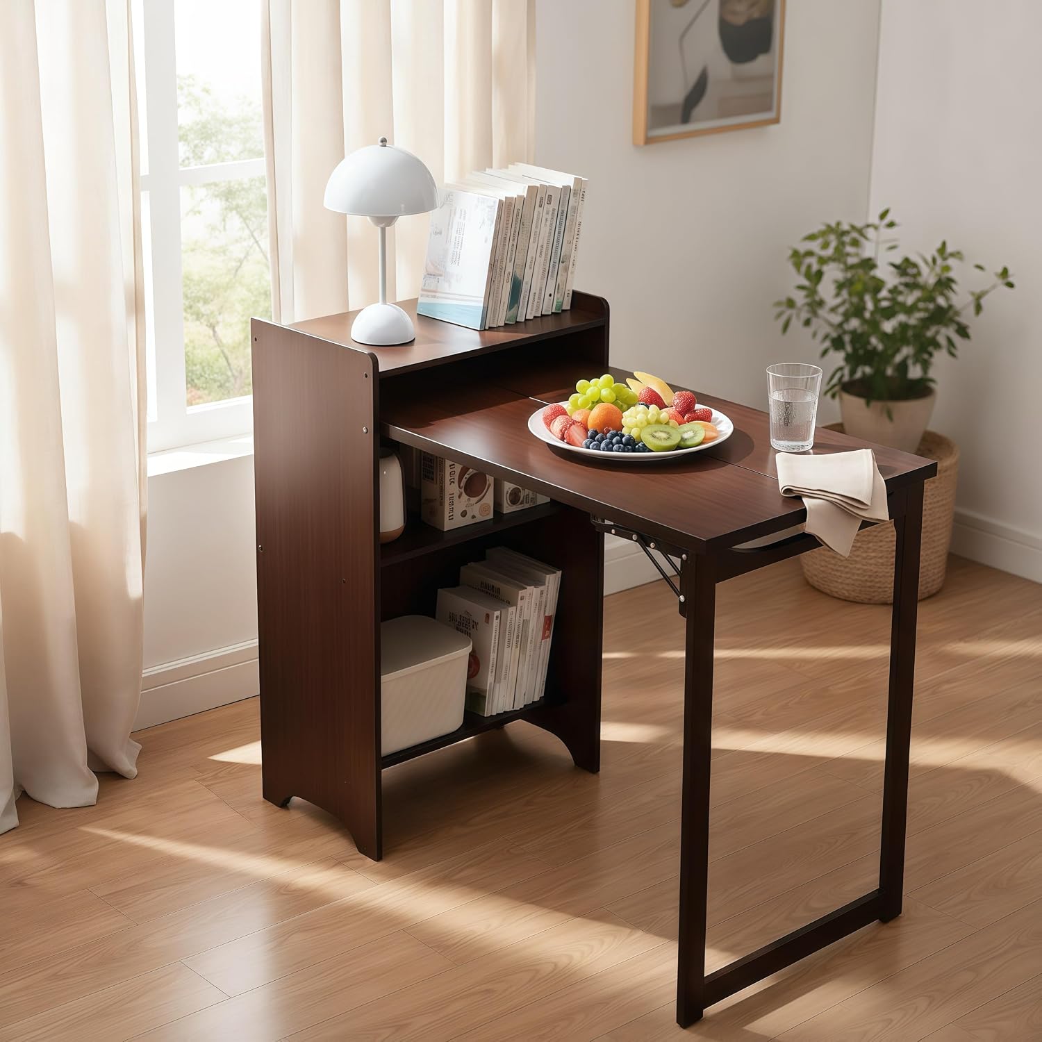 39" Bamboo Foldable Hidden Storage Small Gaming Desk, Desk Table with Multi Layer Shelves, Craft Table with Compact Fold Frame for Home Office Living Areas, Walnut