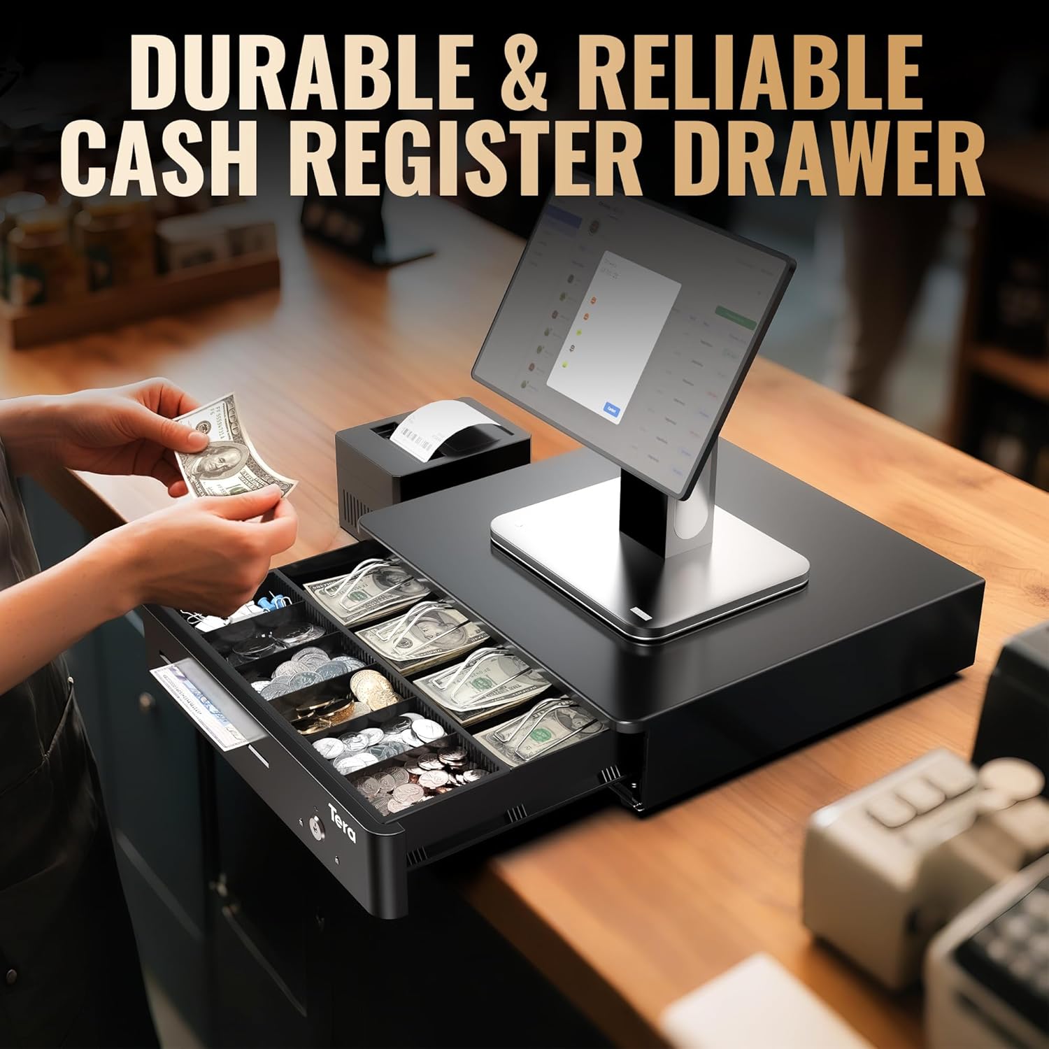Tera 13" Auto Open Cash Register Drawer Heavy Duty Fully Removable Insert Tray 5 Keys 4 Bill 6 Coin Media Slot 24V RJ12 Key-Lock (Round Corner) for POS System Small Business 330R