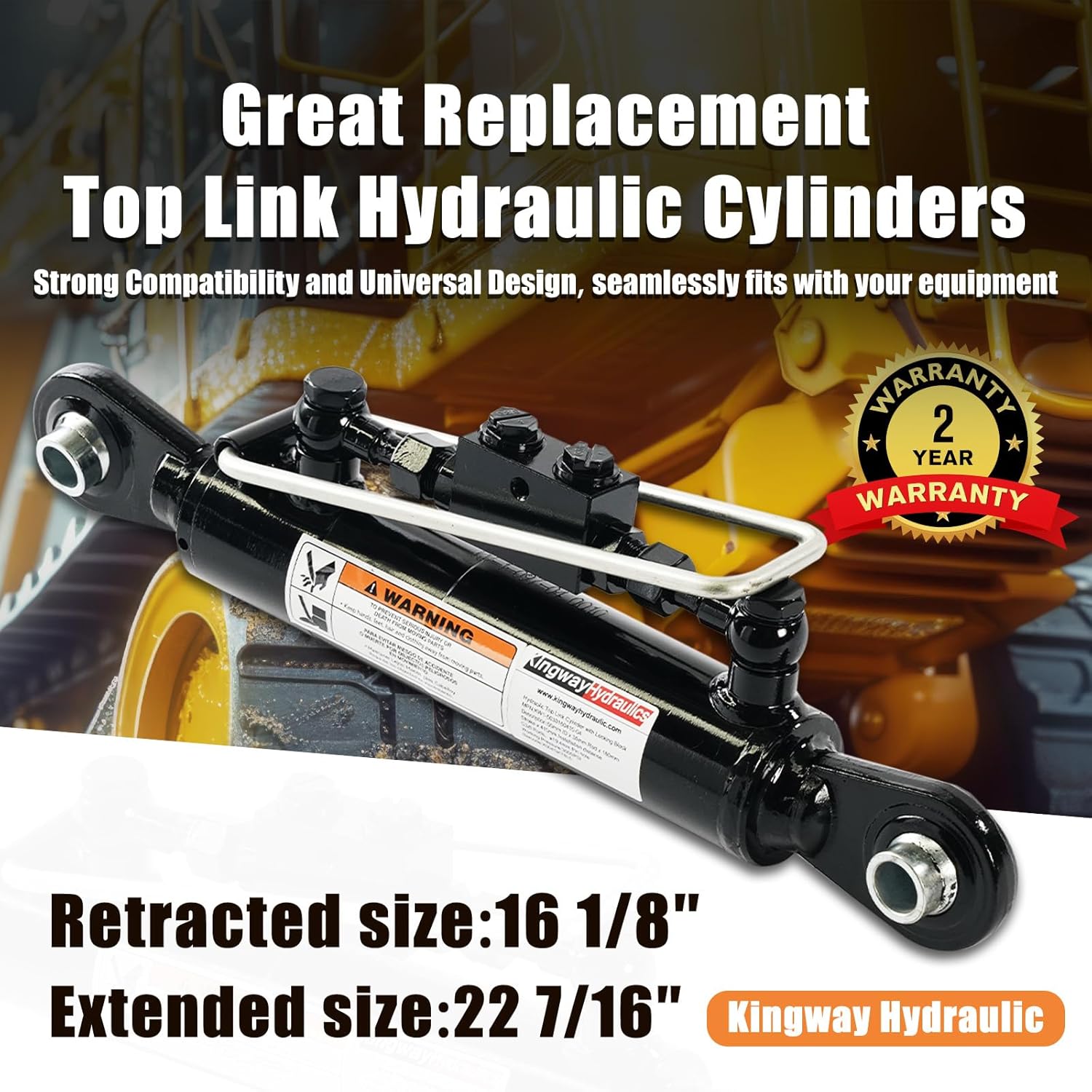 Kingway Hydraulic Top Link Cat. 1-1 with Locking Block Min. 16 1/8”→ Max. 22 7/16” with 2 x Hoses Stroke. 6 1/4" - 7800 lbs Push Force, 5000 lbs Pull Force, Dual Check Valves