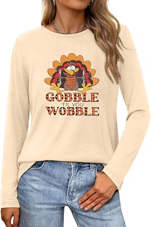Fall Long Sleeve Shirts Women Family Halloween Thanksgiving Tops Casual Thankful Pumpkin Turkey Graphic Tees