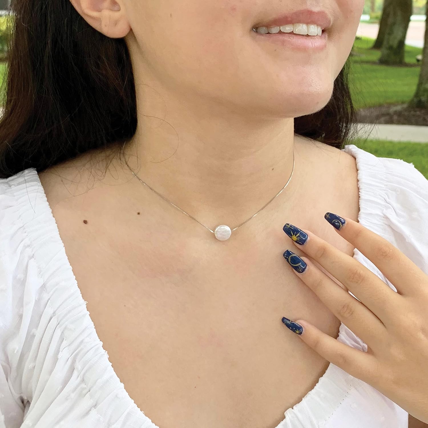 Natural White Freshwater Cultured Coin Pearl AAA Necklace, 925 Sterling Silver, Adjustable Delicate Box Chain, Dainty Fashion Handmade Jewelry Gift for Her, 15-18 inches long