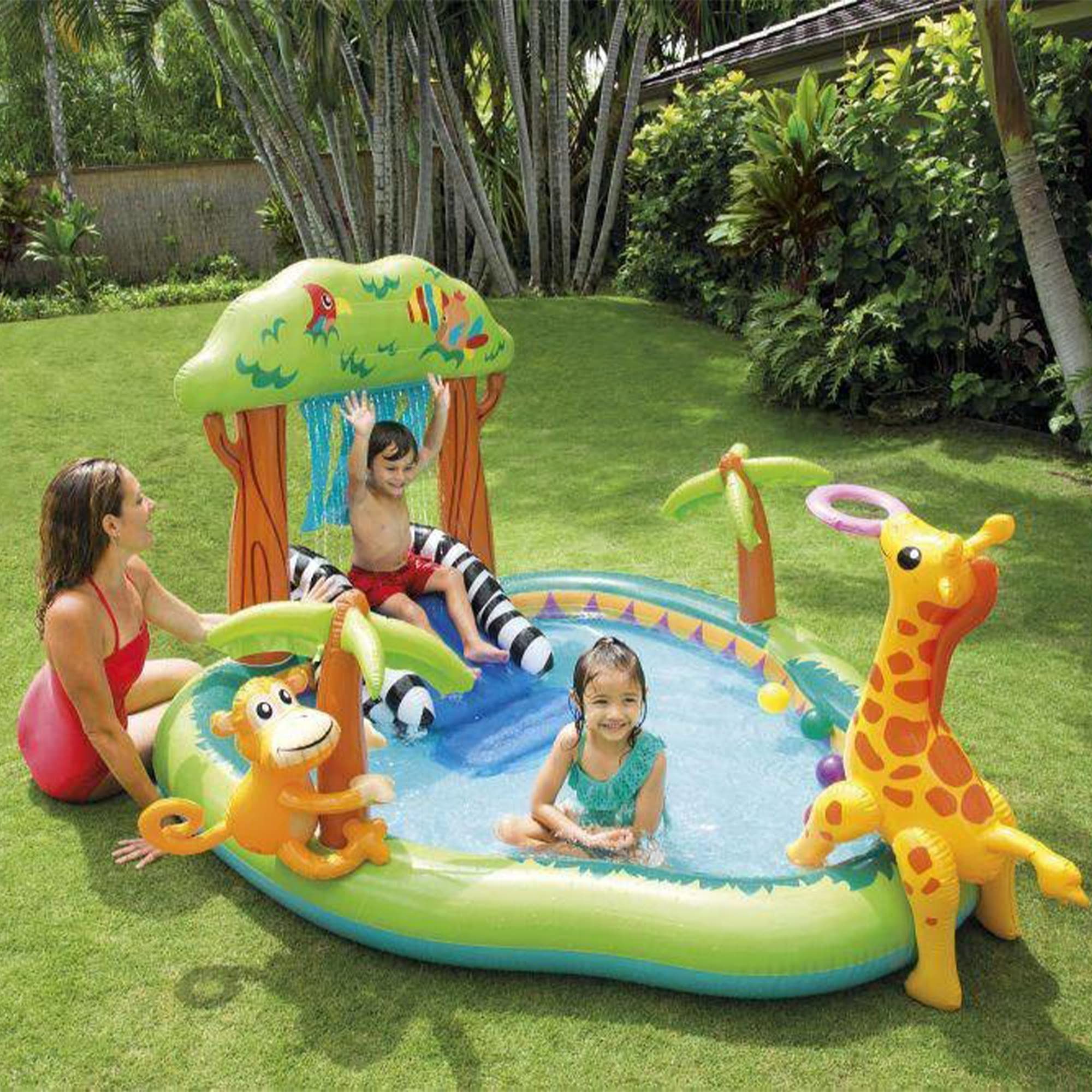 Intex 57155NP - Piscina Gonfiabile Play Center Giungla, Vinile, Multicolore, 216x188x124 cm
