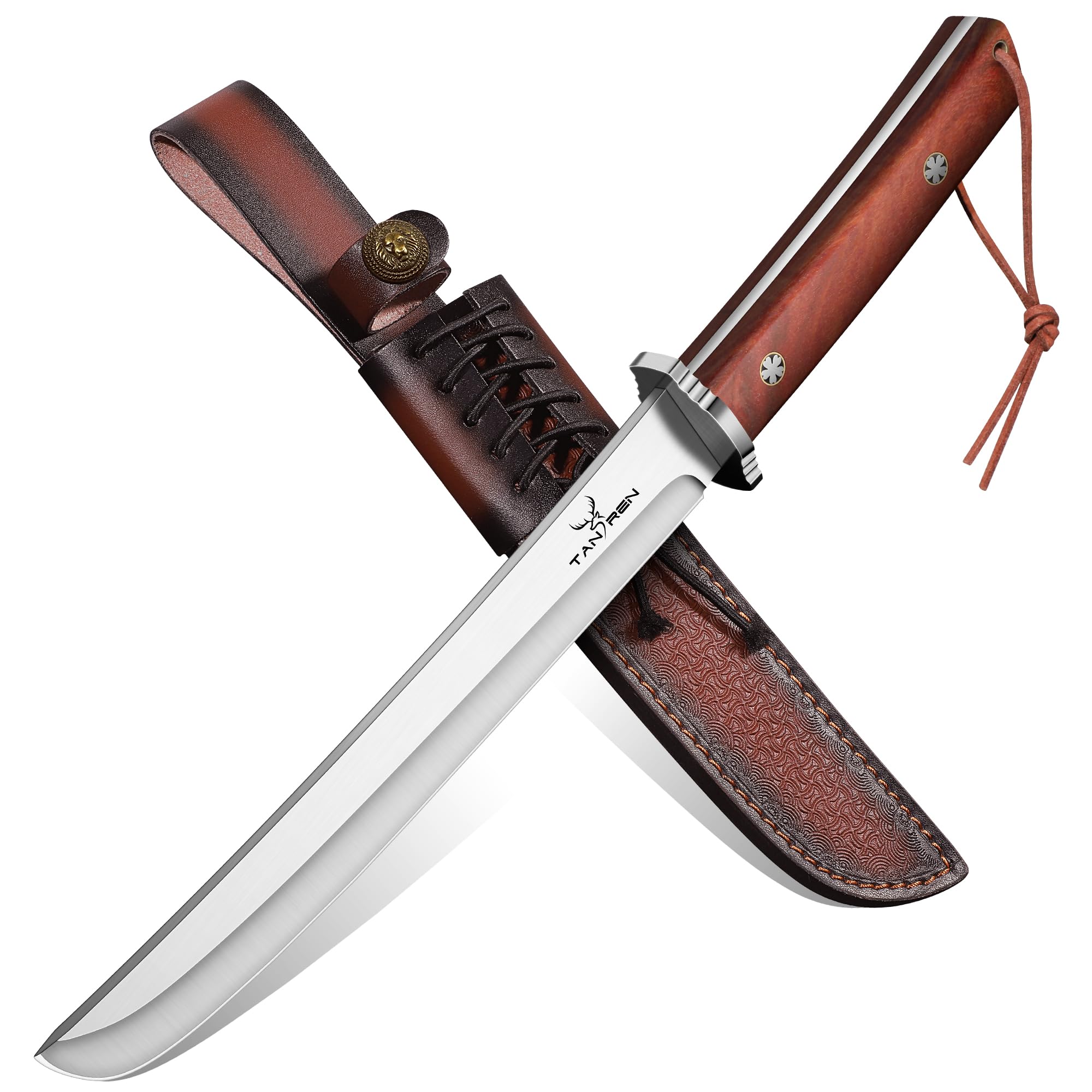TAN REN Coltello outdoor 20,3 cm, coltello sopravvivenza con fodero in pelle, coltello da caccia affilato a lama fissa, coltello da campeggio D2, coltello bushcraft per campeggio