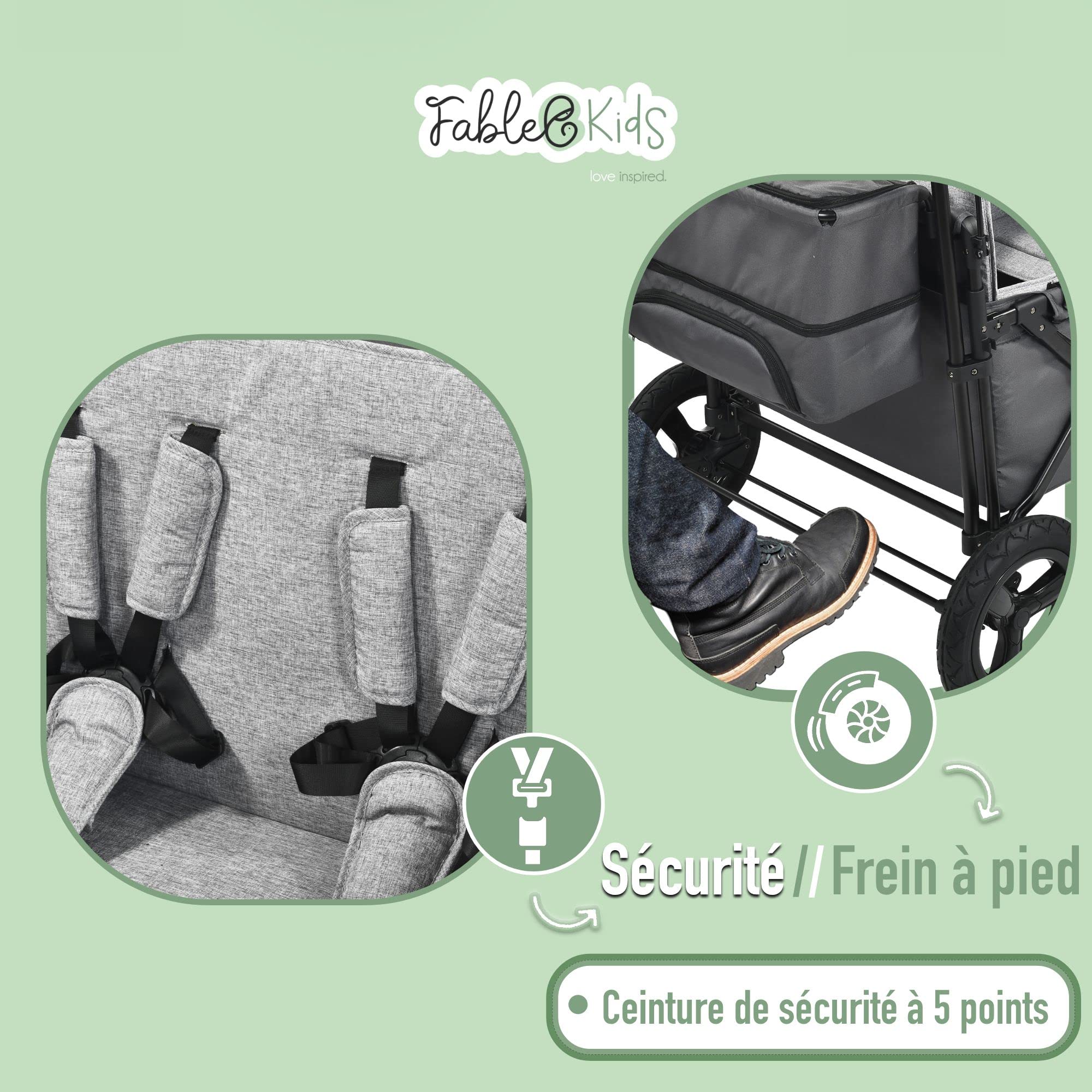FableKids Chariot Leo X4Plus avec Toit | Chariot de Transport Pliable | Harnais 4X 5 Points | Roues Tout-Terrain 360° | Frein à Pied | Oxford 600D| Filets d'aération | Gris fossile