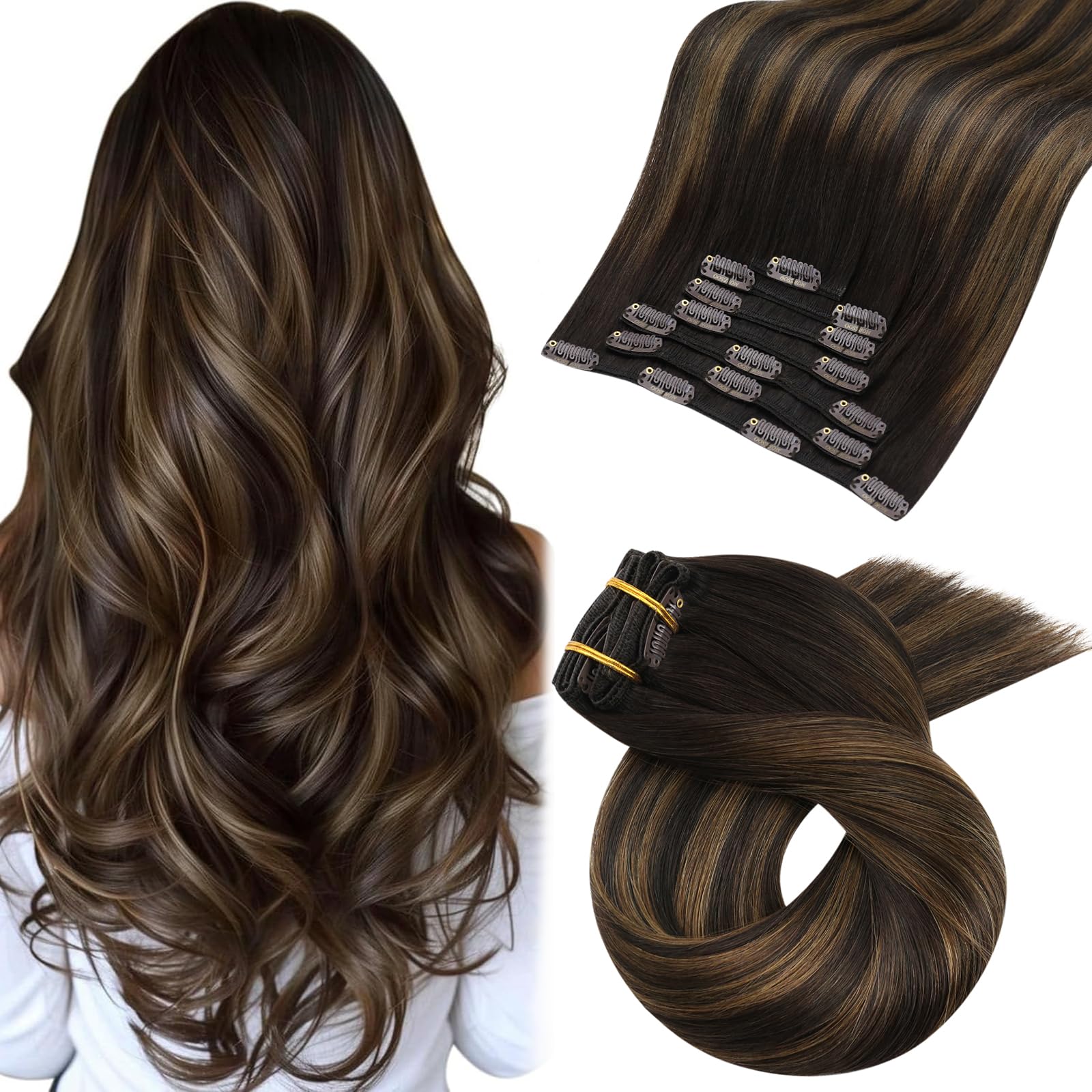 Moresoo Human Hair Extensions Clip in Real Hair Ash Blonde with Bleached Blonde Clip in Hair Extensions Remy Human Mid-length Hair Layered Add Volume 14 Inch 5pcs/80g #P18/613 — view 30