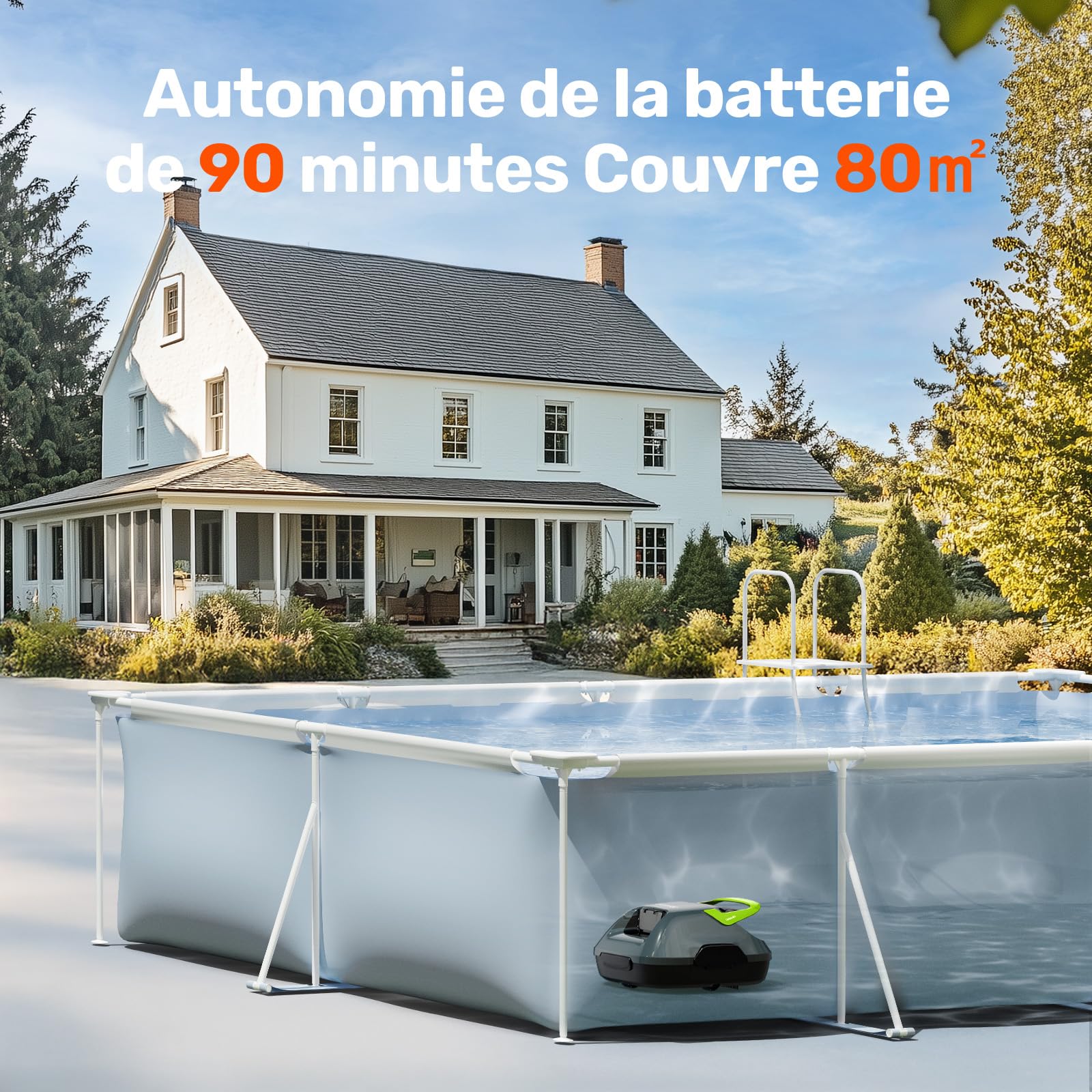 Gosvor Robot Piscine sans Fil, Aspirateur Piscine Automatique 6600 LPH, Robot Piscine Hors Sol Jusqu’à 85 m², Nettoyeur Piscine Autonome 90 Min, Recharge Rapide, Filtre Lavable