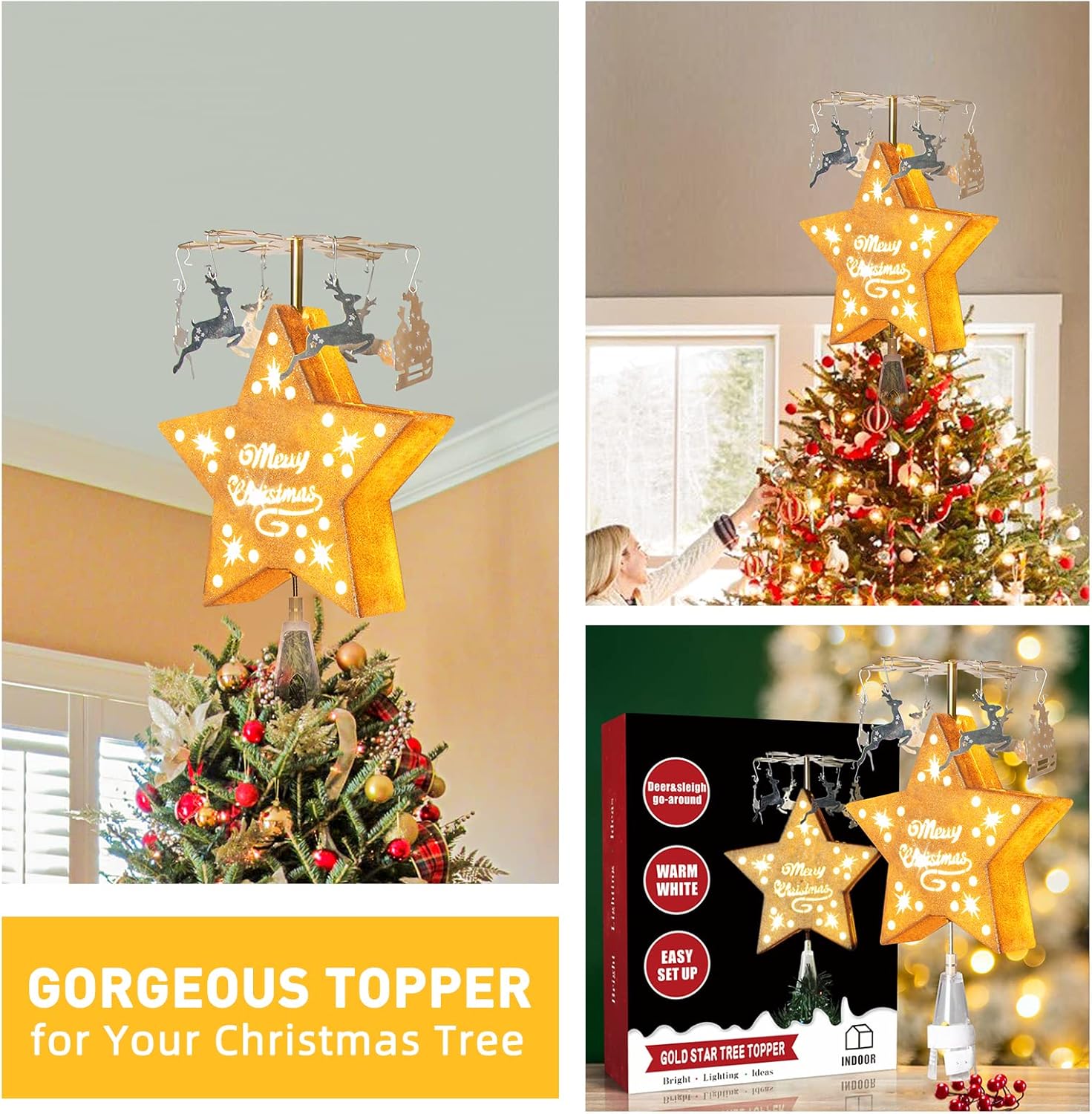 Buy PEIDUO Animated Christmas Tree Topper Gold Star Tree Topper with