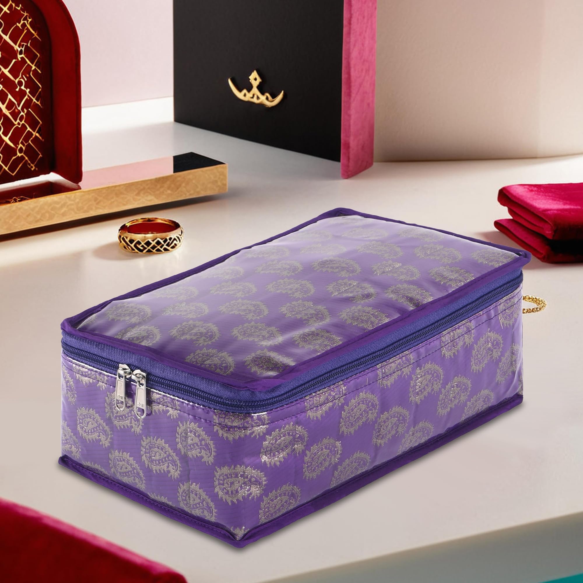 Kuber Industries PVC Jewellery Organisers Pouch with 12 Compartment | Multipurpose Jewellery Organizer for Rings and Bracelets | Jama Design - Purple