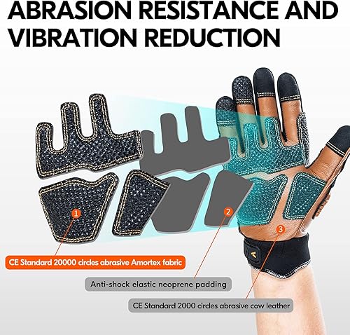 Miniatura 4 de Vgo... ... 1 par de guantes de trabajo de cuero resistente, guantes de mecánico, resistentes al agua, resistentes a los impactos, antivibración