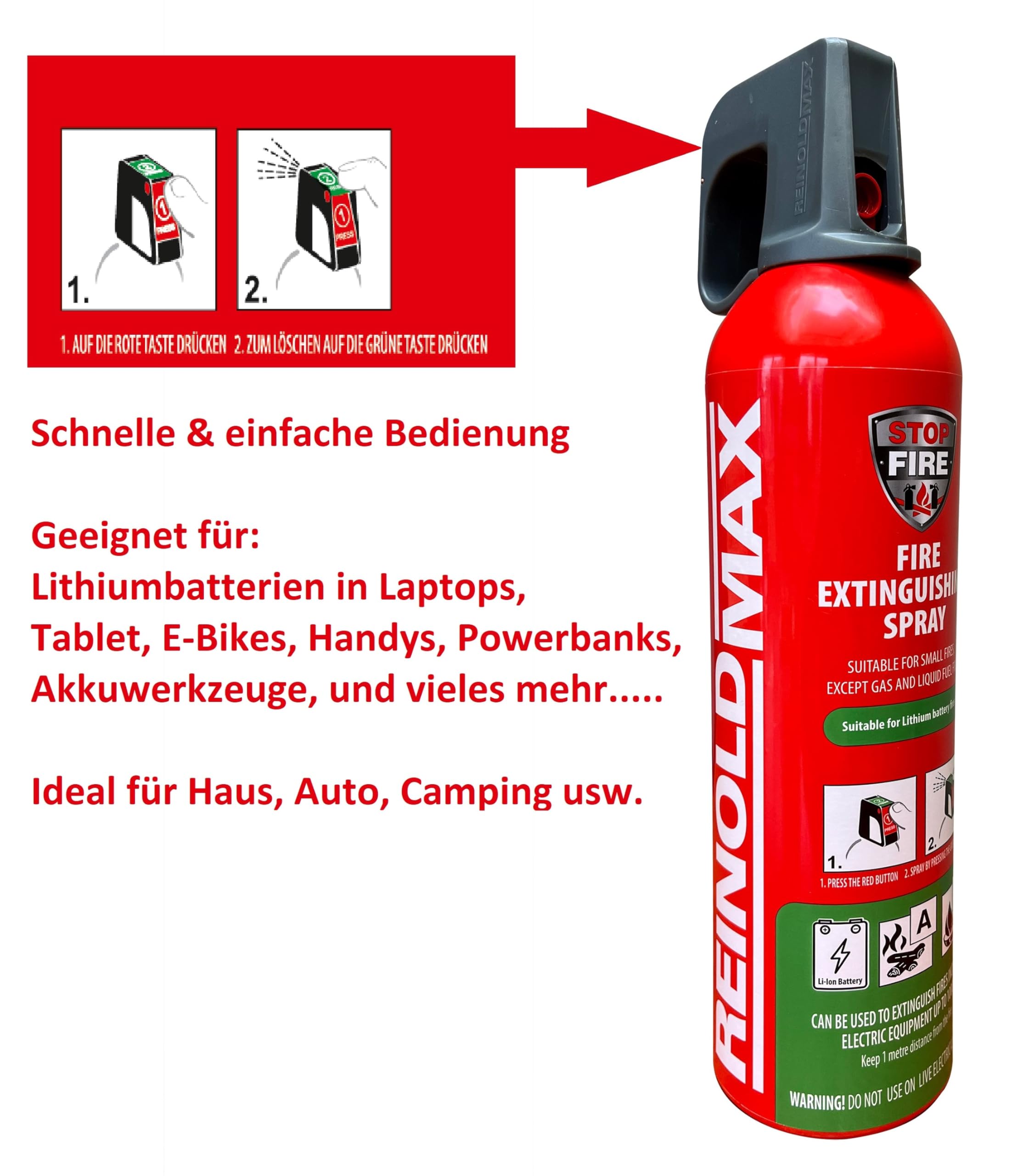 IWH Premium Lithium Feuerlöschspray STOPFIRE Reinold Max Autofeuerlöscher 1 x 750ml mit Wandhalter für Lithium Batterien & Akkus (1)