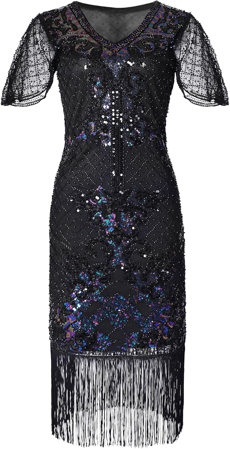 Flapper Dresses 1920s Dresses for Women,Crew Neck Great Gatsby Dresses with Sleeve Roaring 20s Dress for Harlem Nights - Image 4