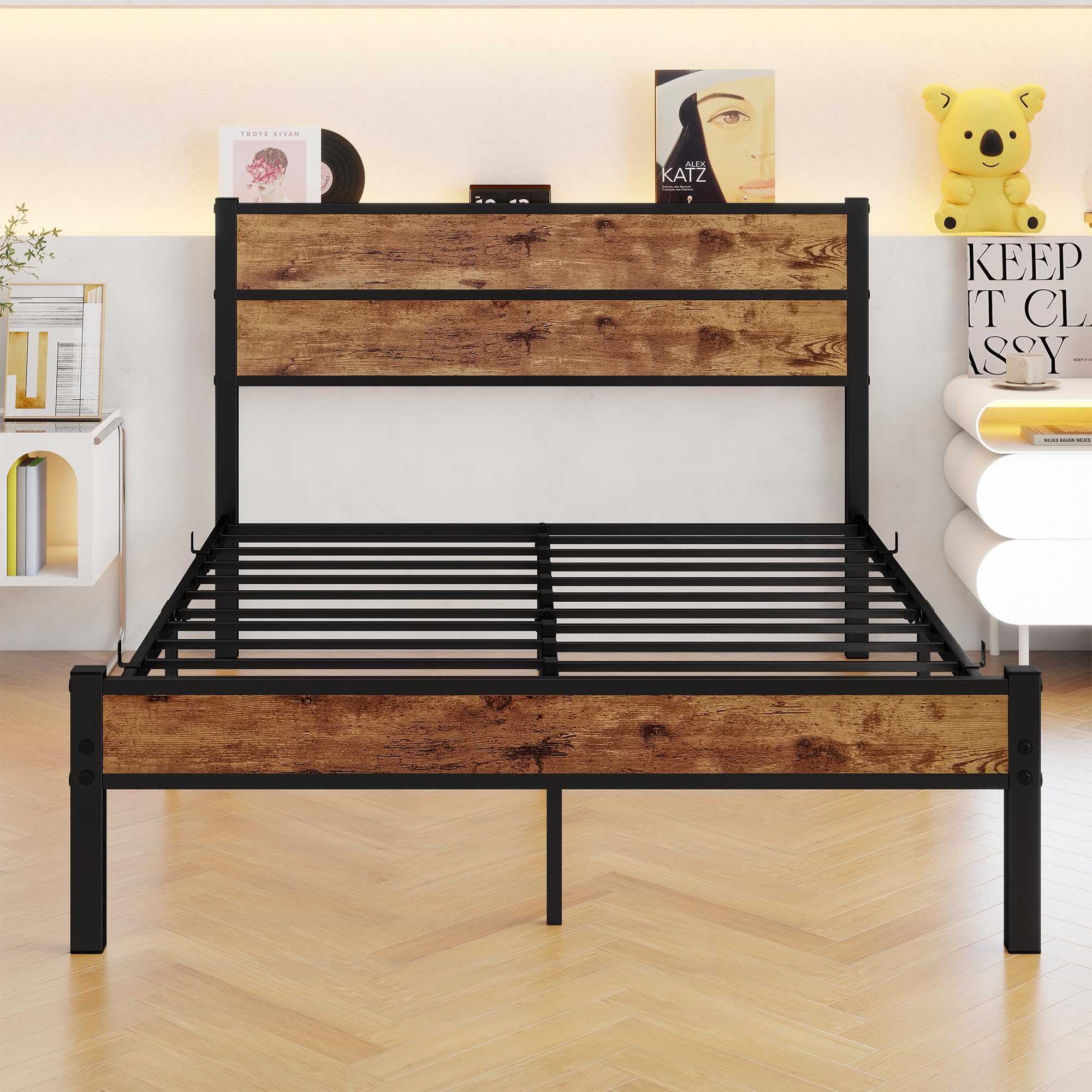 Bett 140x200 mit Metal Lattenrost,Bettgestell Metallbett 140x200 cm mit Holzkopfteil,Einfacher Aufbau Doppelbett Gästebett Jugendbett,Unterbett Stauraum
