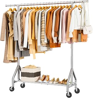 HYSEYY Heavy Duty Clothes Rack 450 LBS - Metal Garment Rack with Shelves, Extendable Rods, Lockable Wheels & Adjustable Height, Silver
