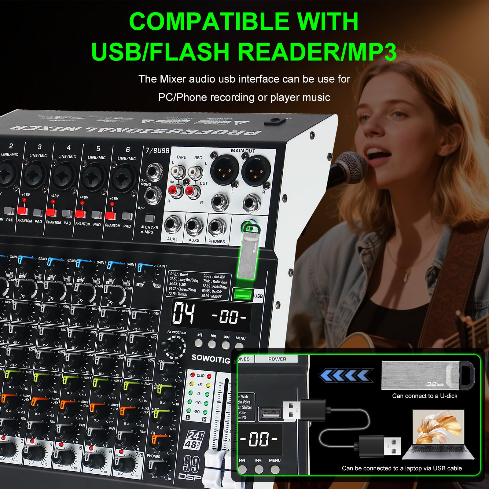 Mixer audio a 8 canali Mixer Console professionale con 99 effetti DSP, scheda di mixaggio del suono Mixer digitale DJ w/USB Bluetooth MP3 per la registrazione