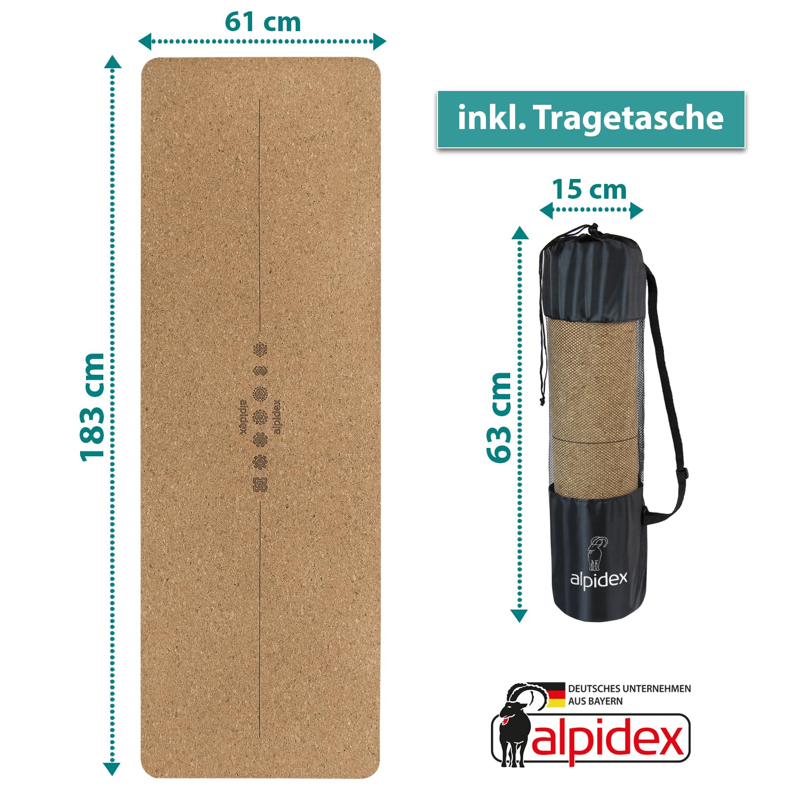 ALPIDEX Kork Yogamatte 183 x 61 x 0.6 cm E-Book Fitness Pilates Matte Schadstofffrei Rutschfest Tragetasche Hilfslinien Natürlicher Kork Yoga Mat