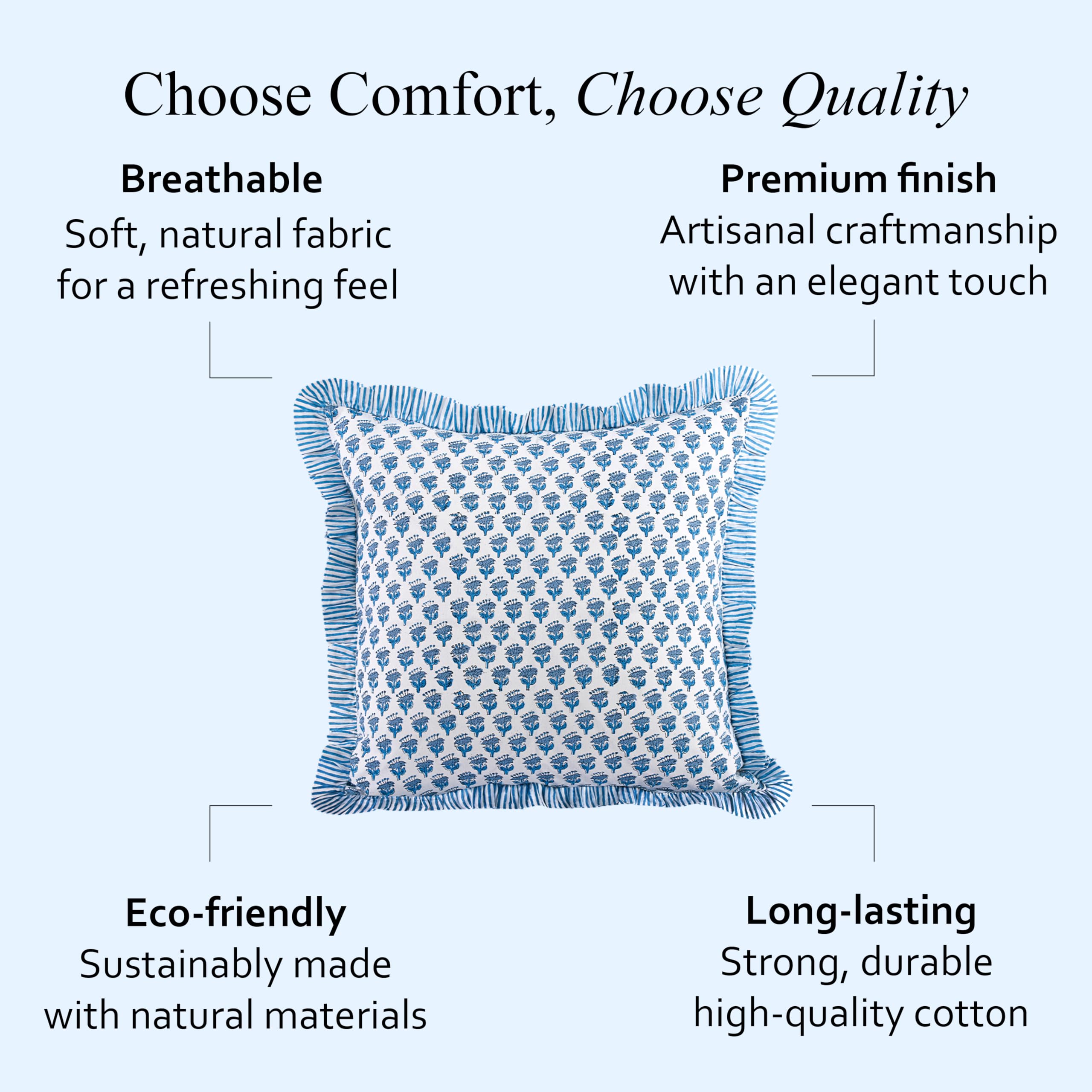 CPC Housse de Coussin à Volants en Coton à Rayures pour canapé, 45,7 x 45,7 cm, taie d'oreiller à Volants et Fermeture éclair dissimulée de 35,6 cm, Bleu Apatite
