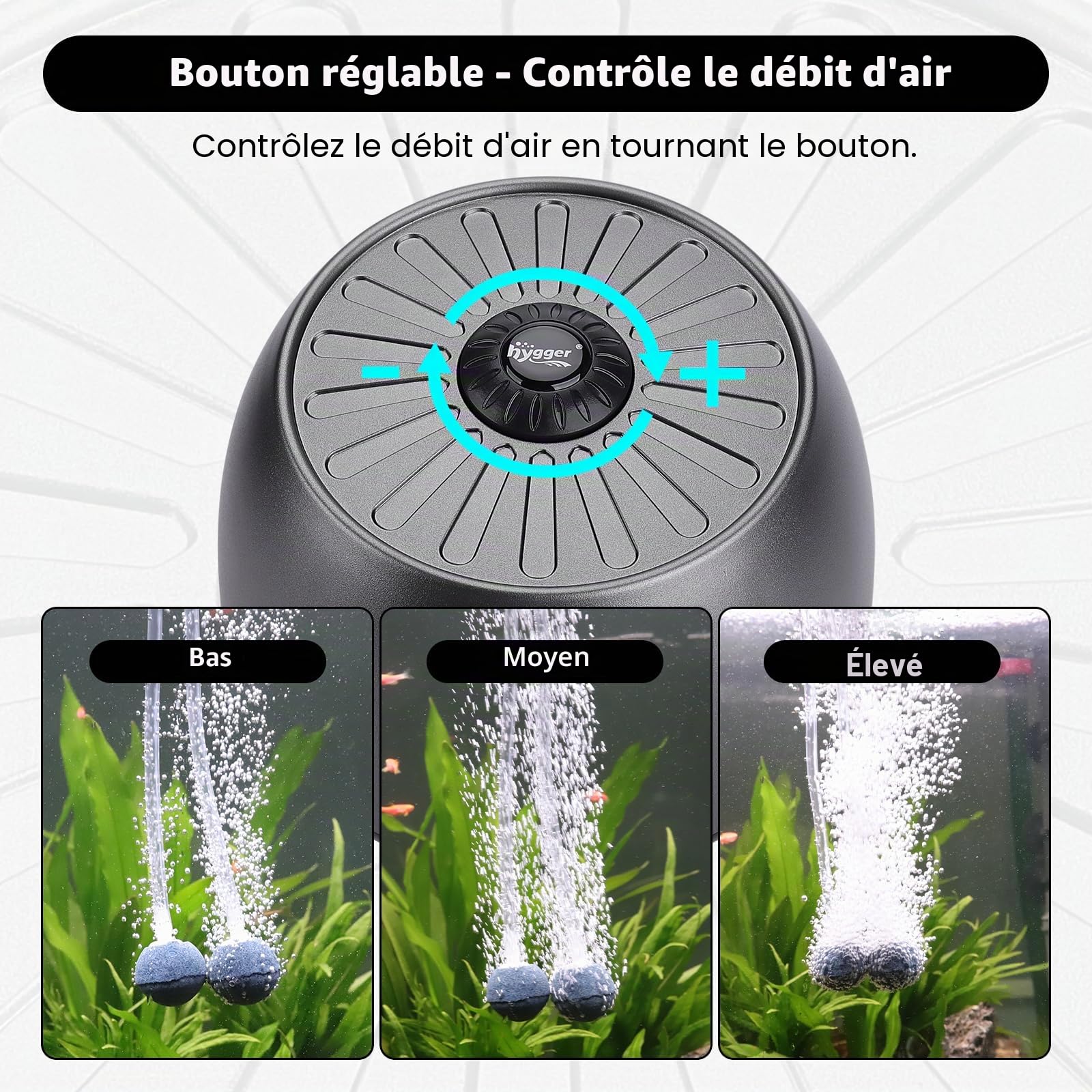 hygger Pompe à Air Aquarium Réglable, Bulleur Ultra-silencieuse <35 DB Pompe à Oxygène pour Aquari avec 2 Sorties avec Accessoires pour Réservoir
