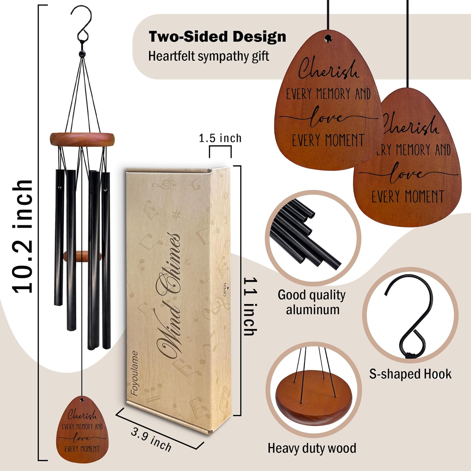 Wind Chimes, Family Wind Chimes for Outside, Housewarming New Home Gifts for Families Mom Dad Grandma Grandpa, Cherish Every Memory and Love Every Moment Chime 26" Inches - Image 7