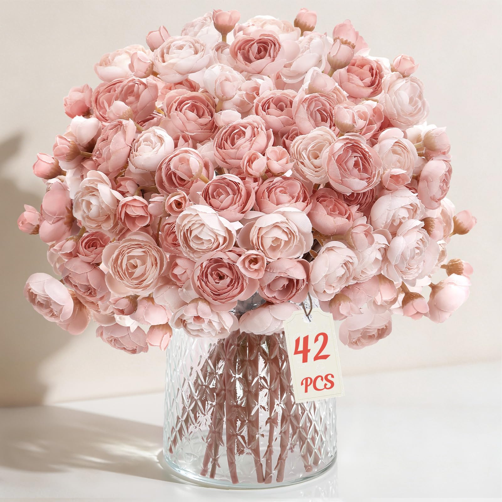 42Pcs Ranunculus Artificial Flowers Faux Silk Mini Ranunculus, Spring Flowers Artificial Indoor for DIY Bouquets, Bulk Fake Wedding Filler Flowers for Bride Shower Decorations, Dusty Rose