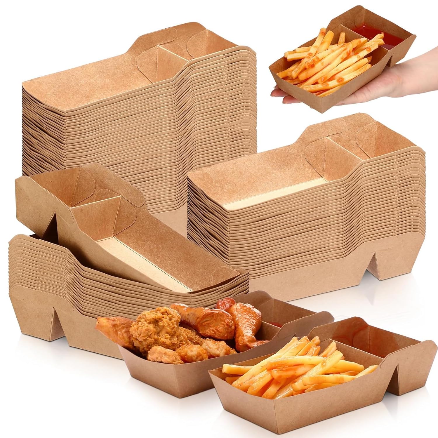 Aakriti Disposable Kraft Paper Food Tray | Divided Snack Tray for Fries & Chicken | Sturdy 2 Compartment Takeout Container | Ideal for Catering, Parties, Foods Trucks, Events, Fast Food (Brown-25PCS)-image-19