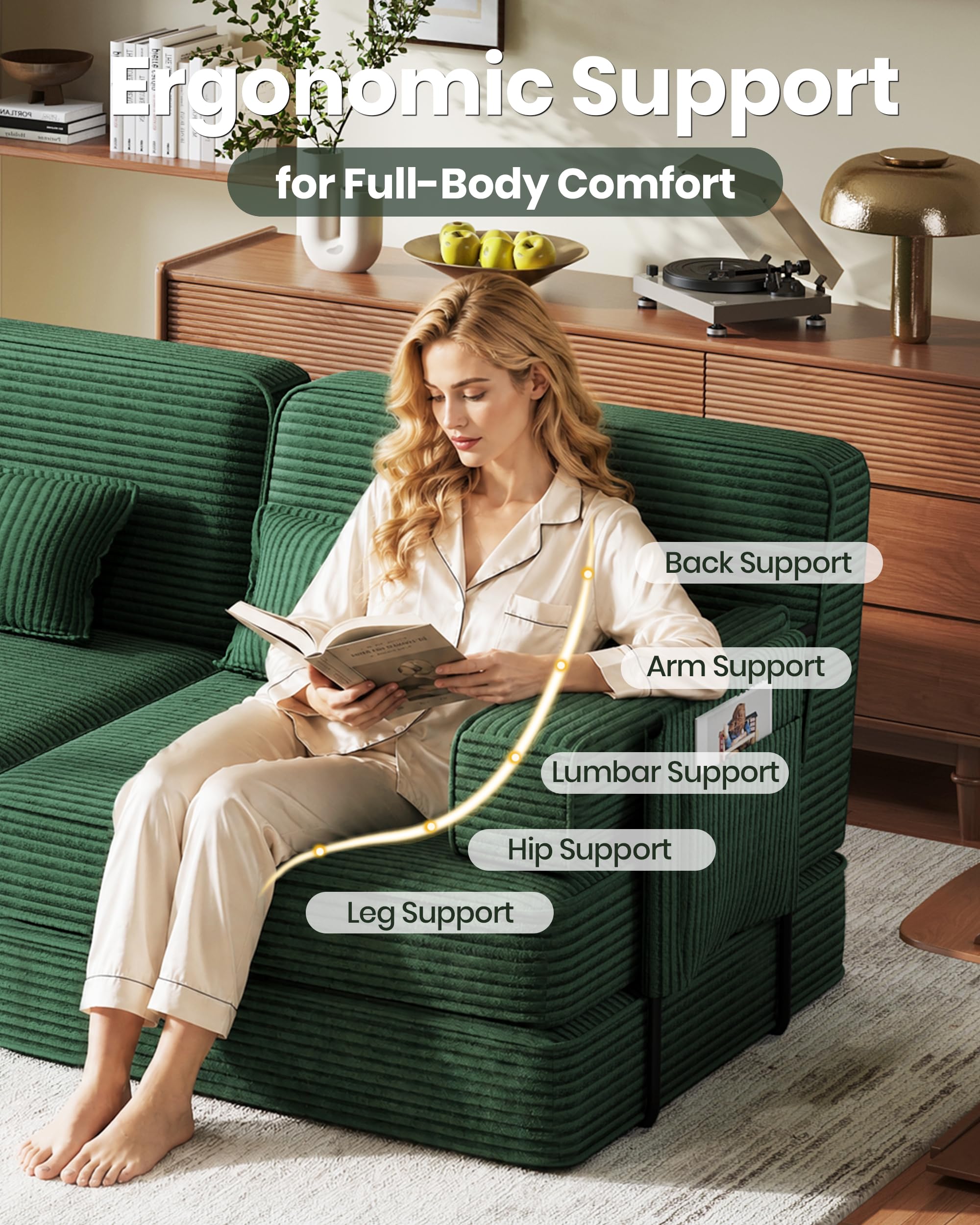 Divano letto disossato, 190 cm, divano modulare convertibile 5 in 1, velluto a coste senza montaggio, divano letto matrimoniale pieghevole a 2-3 posti con contenitore, 4 cuscini e struttura in metallo