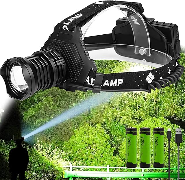 P70 LED Super Bright Head Torch, 20,000 Lumens Strong LED Head Torch, 5 Modes USB Rechargeable Waterproof Kids Head Torch, with 3x3200mah Battery, Suitable for Camping, Night Riding, and Adventure