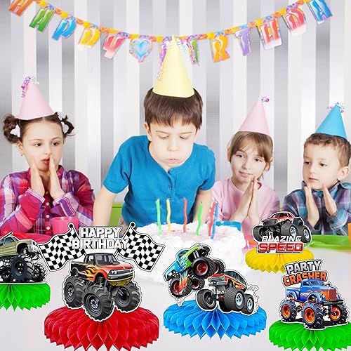 Miniatura 7 de Neasyth 9 piezas de decoraciones de cumpleaños de camiones, suministros de fiesta de camión, centros de mesa de panal de abeja, decoración de